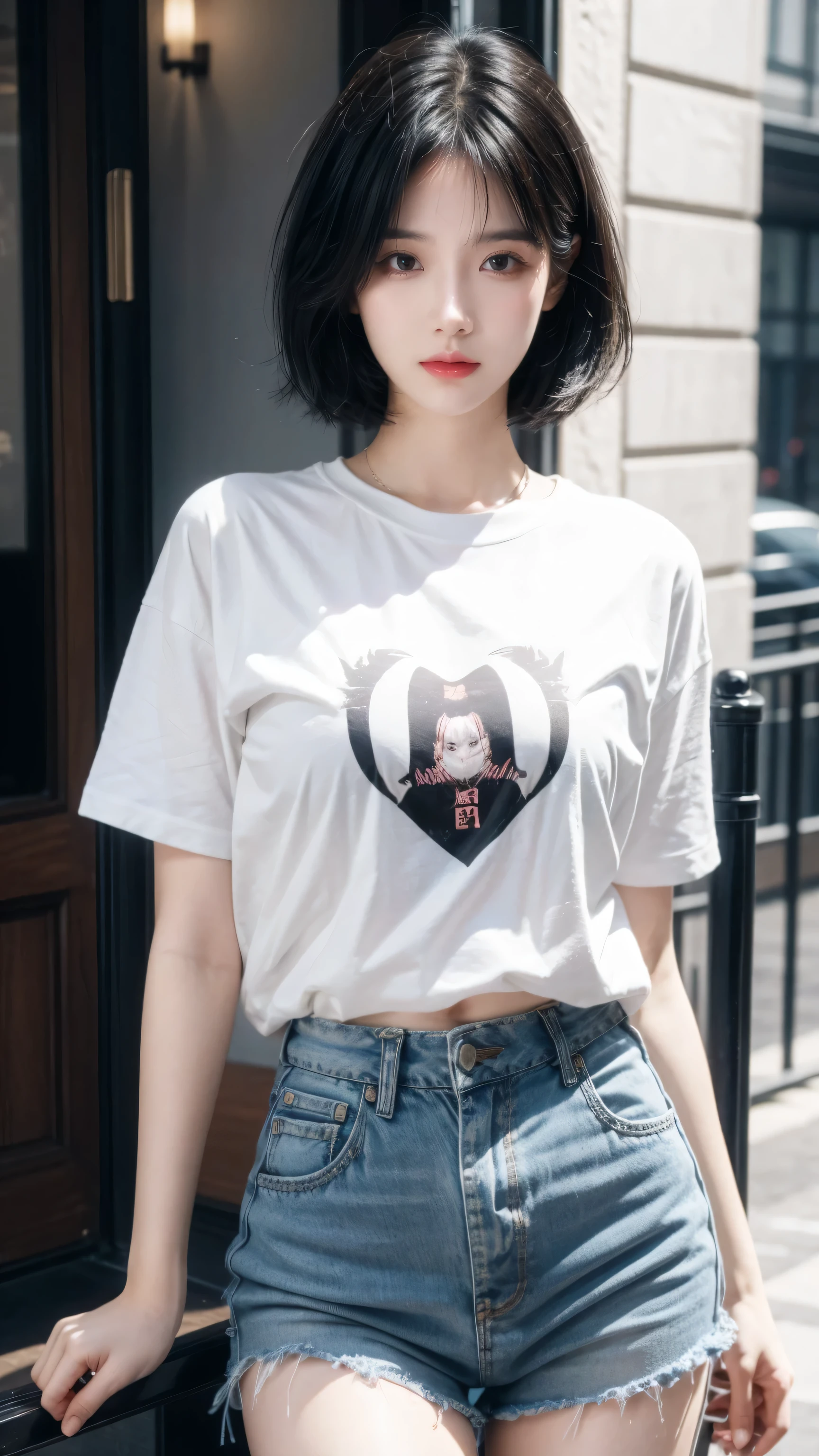 best quality, 1 Girl, dark blue hair, black eyes, Very short hair, Spiky hair, black pinky oversize t-shirt, High waist short jeans, 171 cm, Messy hair, Hair between the eyes, Medium breasts, full, Tomboy, aldult, 20 years old, 1 Girl