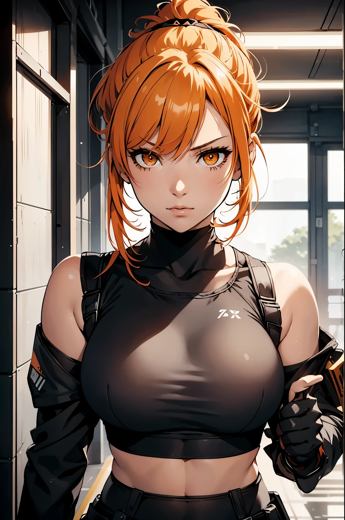 realistic, Beautiful detailed girl, clear and beautiful, Personage as the main perspective, shiny_skin, girl,woman,female, young,25 years old, (medium hair), bangs, (Top knot:1.3), sidelocks, orange hair, (beautiful detailed Glass hair), pink streaked hair,beautiful detailed cold face, cold expression, complex details beautiful and delicate eyes, fingernails, medium_breasts, , orange eyes, Authentic skin texture, gleaming skin,(Multiple piercings), necklace,(sports bra:1.3),(leggings:1.5),bloom,(line art:1.2),realistic illustration,(unreal engine),(GoPro),(insanely detailed),perfect shading,(digital art),(ray tracing),(intricate detailed),creative refinement,(dark atmosphere)