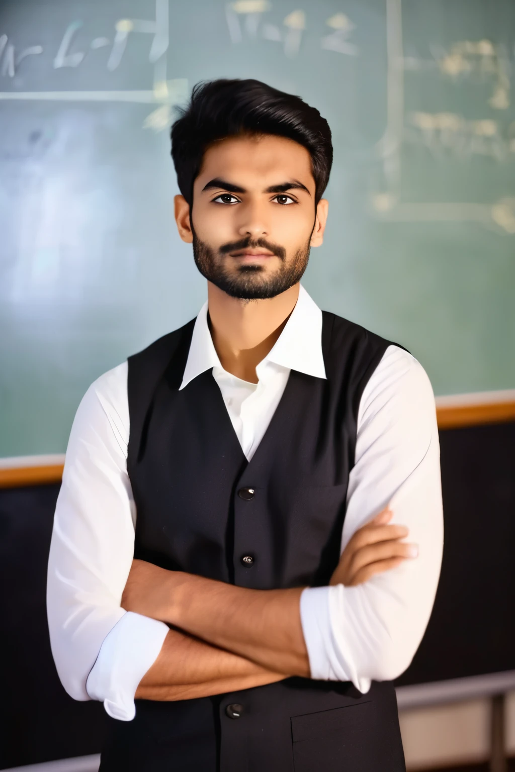 Handsome Indian Teacher, age 30, with neatly combed black hair and piercing dark eyes, dressed in a crisp white shirt and black trousers, standing confidently in front of a meticulously clean blackboard adorned with mathematical equations and diagrams, bathed in the soft glow of classroom lighting, conveying an aura of knowledge and authority, Photography, shot with a 50mm prime lens at f/2.8 for shallow depth of field, --ar 16:9 --v 5