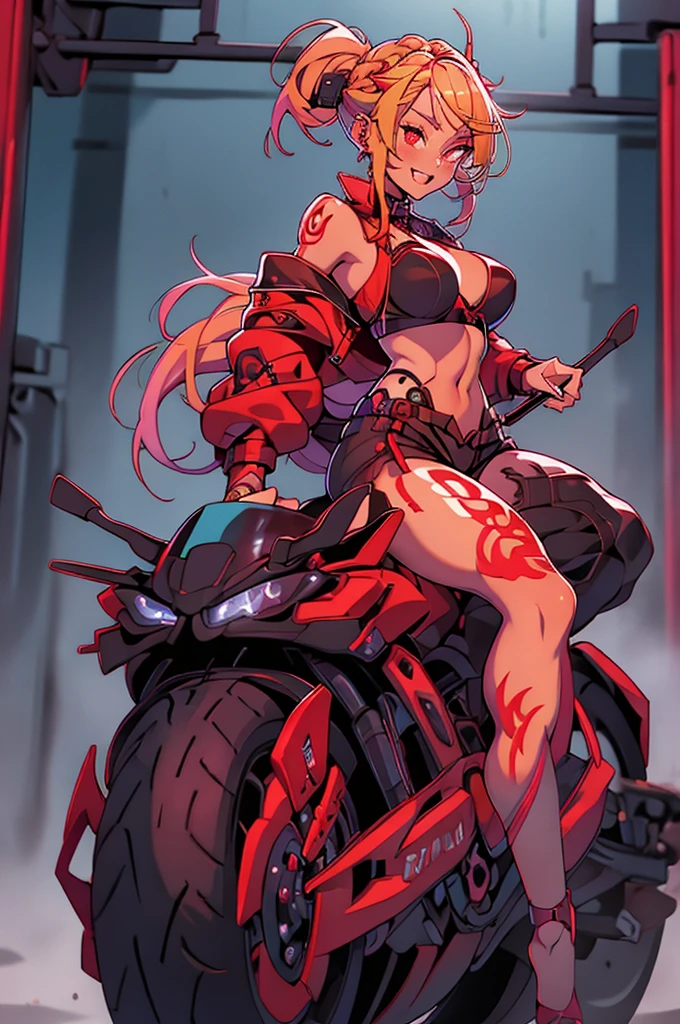 1girl, full body, solo, blonde braid hair, glowing red eyes,laugh fearlessly, leg tattoo, neck tattoo, large chest, black bra, thong, red pupils, skin fang, red eyes, black jacket, Straddling a motorcycle、dynamic angle、dynamic pose、