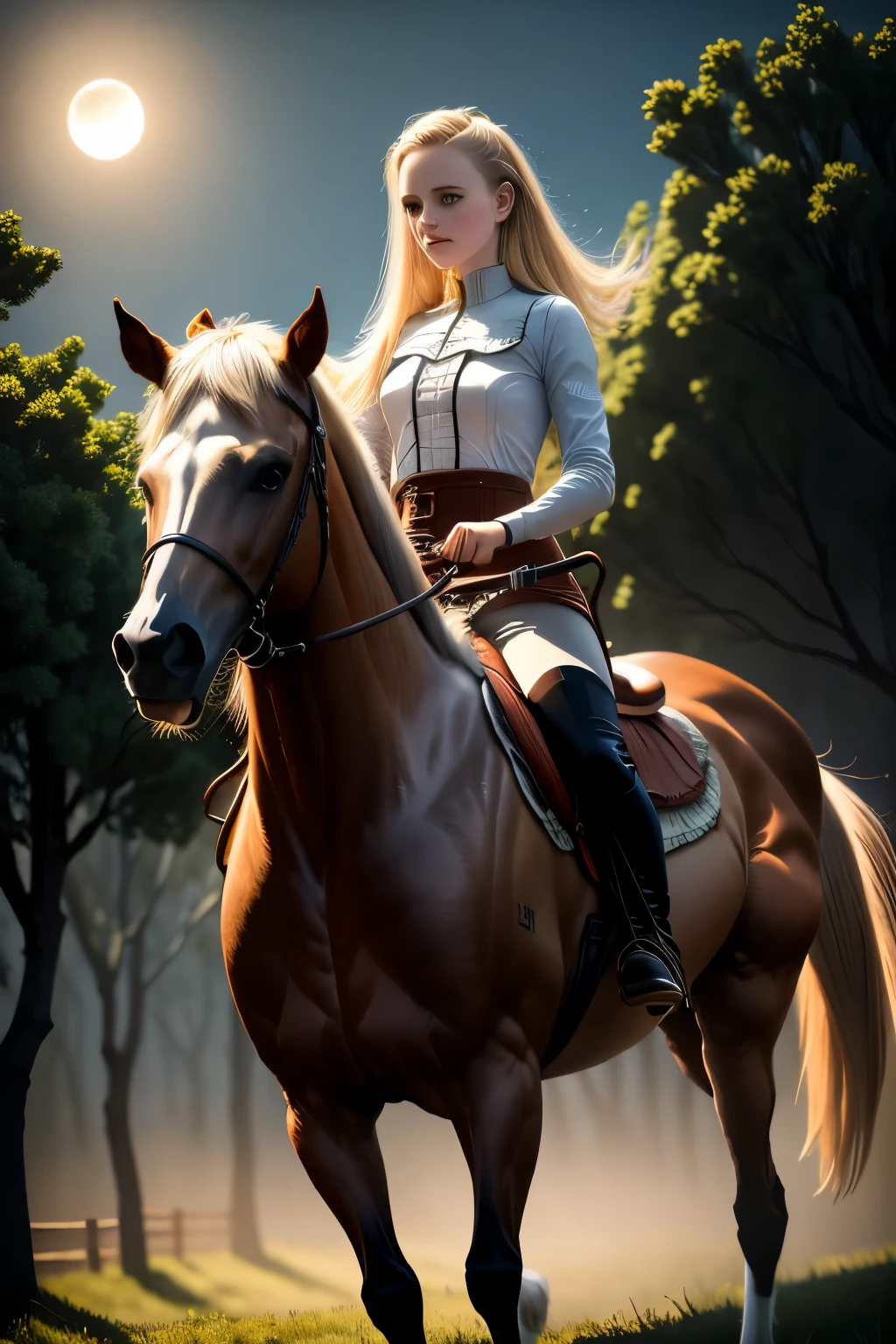 girl rides horse (best quality,highres:1.2),ultra-detailed,realistic,moonlight,lit ,dense mist,dreadfully beautiful,twisted trees,