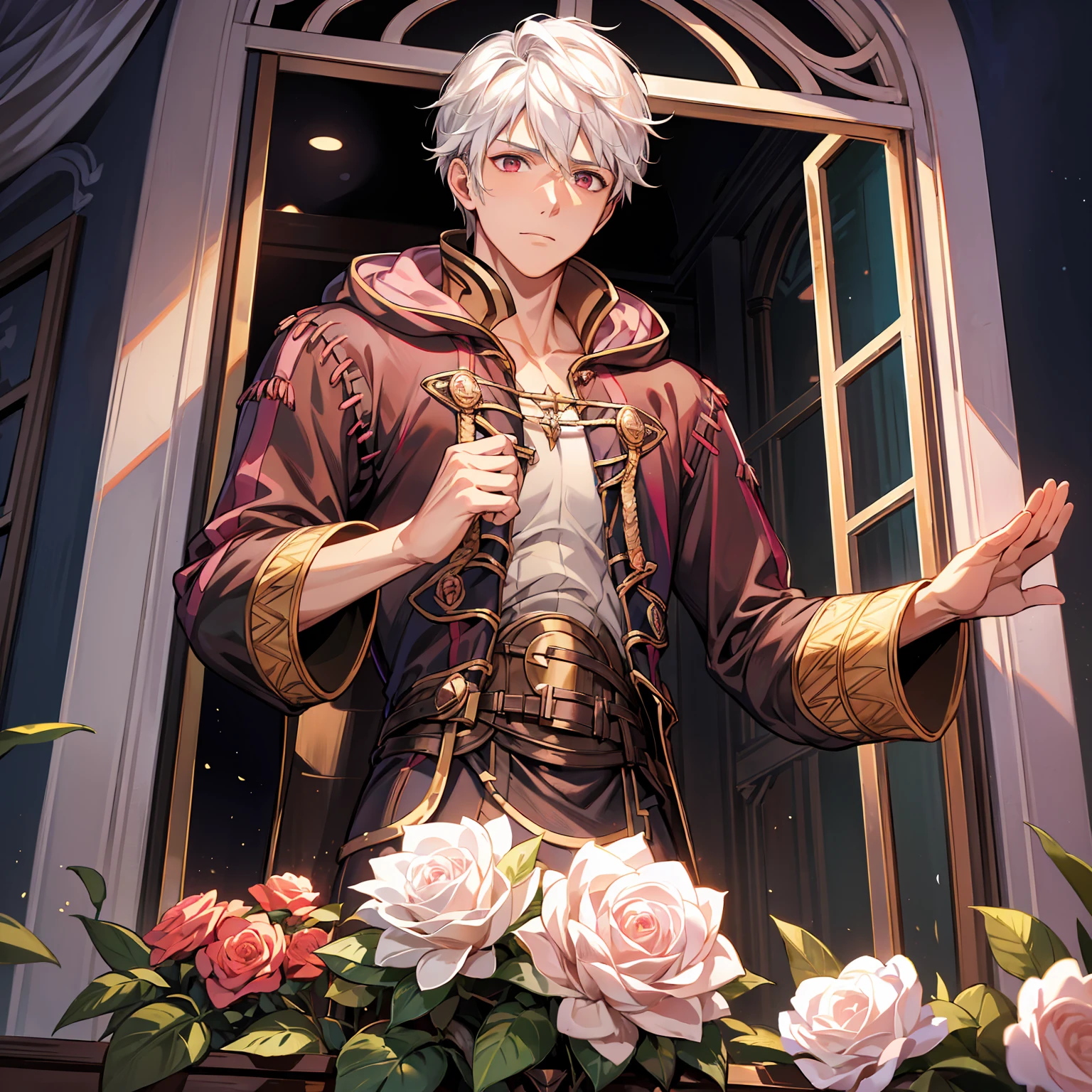 absurdres, highres, ultra detailed, HDR), masterpiece, best quality, Robin, 1man, solo, handsome, white hair, vibrant brown eyes, finely eye and detailed face, fire emblem awakening, window, red curtains, pink roses