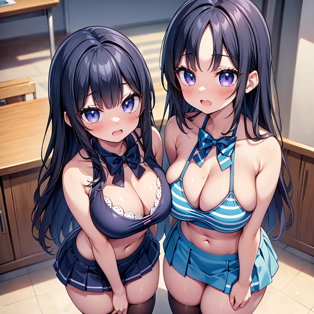 (cute eyes:1.2), (sparkling eyes:1.2), (8K、Best image quality、highest quality、masterpiece)、Detailed face、(2 girls)、Improve、(Black Hair, Purple Eyes, long hair)、(open mouth), (embarrassed), (skinny body:1.3),(huge breast), (Light blue striped micro bikini:1.1), (bent over:1.2), (cleavage), (crop top navel), Classroom Background, (black stockings:1.1), (Thighs:1.1), (Waistline:1.1),(close-up shot of bust), (from above:1.2)