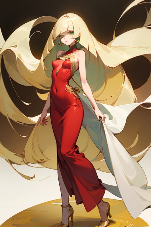 ((highest quality)), ((masterpiece)), (Familiar), Lusamine,thin,thin,Long blonde hair,Small breasts,Small breasts,Erect nipples,Adult female,Green Eyes,Slanted Eyes,Sleeveless dress,Red dress,Gold embroidery,High heels,Fascinating,Long skirt,White shawl,Green Earrings