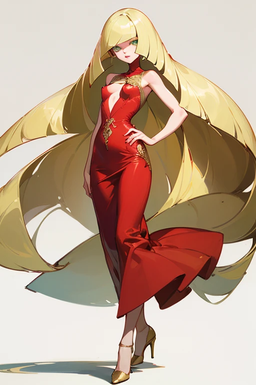 ((highest quality)), ((masterpiece)), (Familiar), Lusamine,thin,thin,Long blonde hair,Small breasts,Small breasts,Erect nipples,Adult female,Green Eyes,Slanted Eyes,Sleeveless dress,Red dress,Gold embroidery,High heels,Fascinating,Long skirt,White shawl,Green Earrings