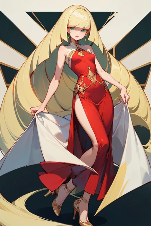 ((highest quality)), ((masterpiece)), (Familiar), Lusamine,thin,thin,Long blonde hair,Small breasts,Small breasts,Erect nipples,Adult female,Green Eyes,Slanted Eyes,Sleeveless dress,Red dress,Gold embroidery,High heels,Fascinating,Long skirt,White shawl,Green Earrings