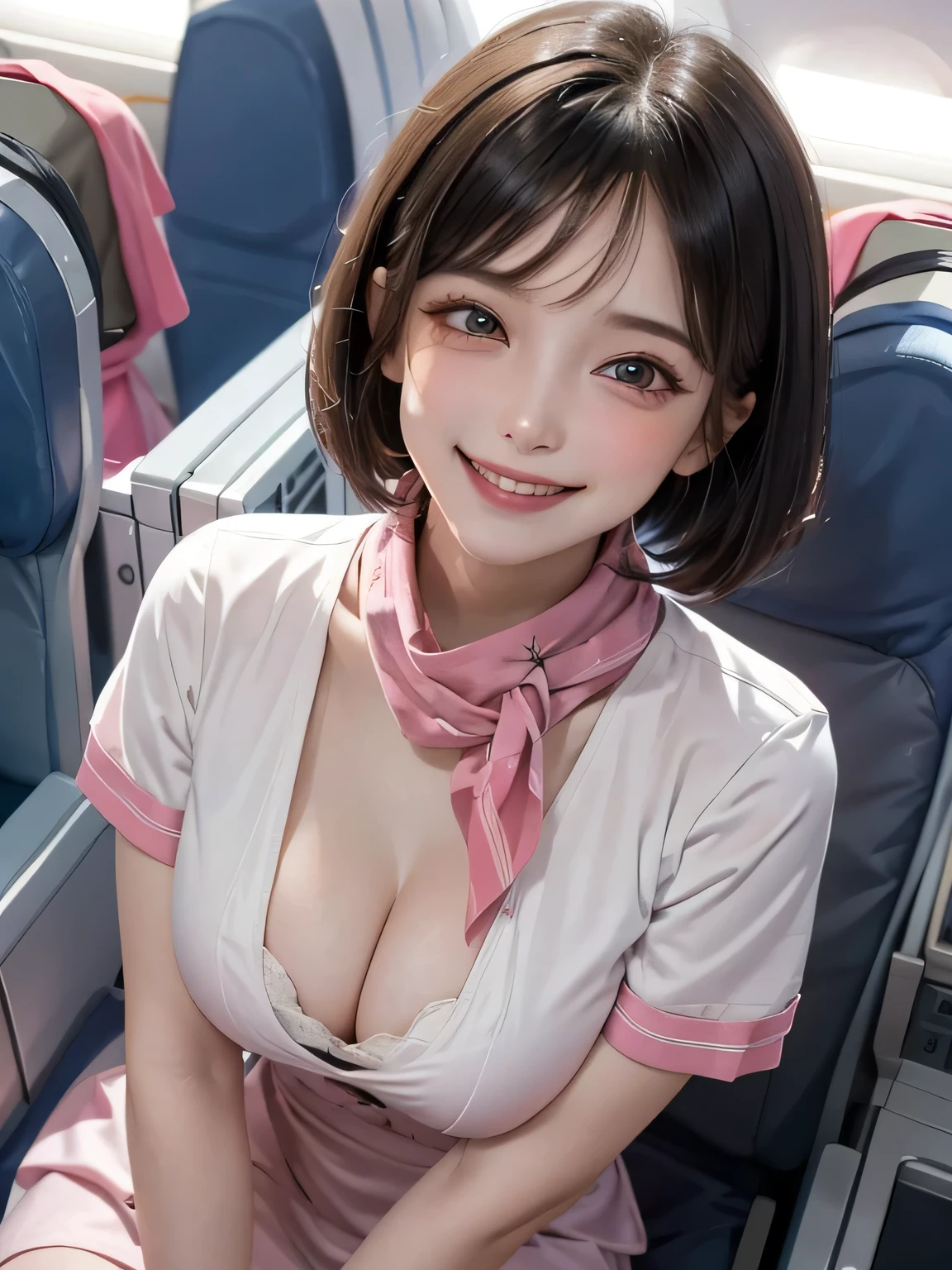 {{{16k}}},{{{masterpiece:1.2}}}, {{{best quality}}}, {{{ultra detailed}}},{{{an extremely delicate and beautiful}}},1 Woman Standing, stewardess, (stewardess(pink) uniform) ,scarf,Showcasing cleavage, beautiful girl, (smile:1.4),black hair, Bowl Cut Hair,Big eyes, large breasts, Skinny,Blushing happy smile, (Airplane Seats,indoor,((looking at the camera:1.5)),from above