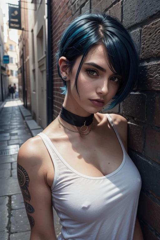 1 woman, (Standing), (full - body), European, foto realista, (30 years), ((cropped blue hair)), (Blue hair emo), undercut hair, (Big nose),  A lady, Mature Lady, (black eyeliner), ((dark eyes)), ((light-blue hair)), ((undercut hair)), (black choker), (goth),Light white skin, Perfect pale skin, (centered), (Film grain: 1.4, Hyper-realistic: 1.5), around dark, deep shadow, Discreet key, Realism, Detailed Face, ((in an alley)), (We are waiting for someone),