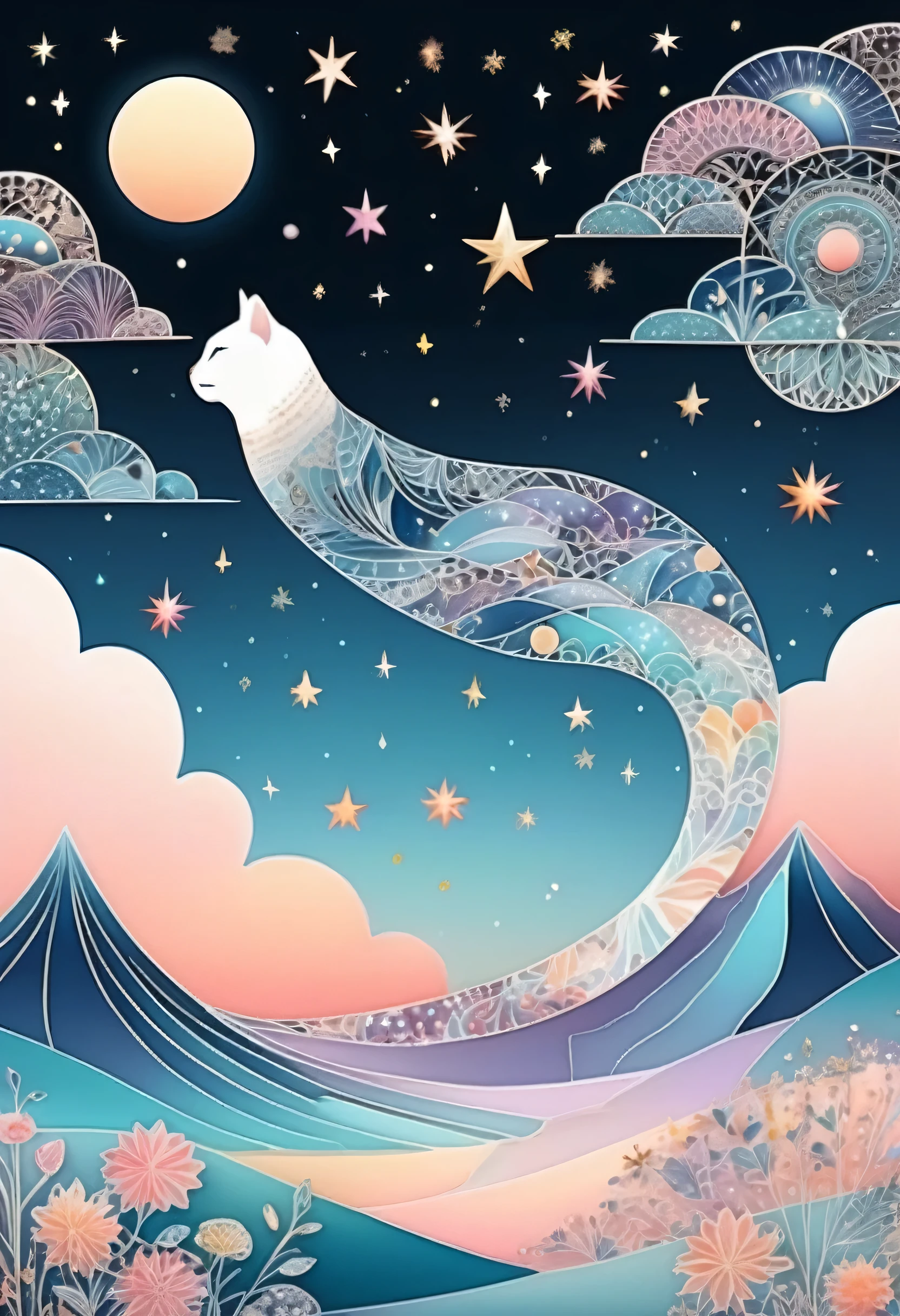 Mariya Pastel Tone, Star of the sky, Zentangle Landscape, comet、Flying winged cat、Detailed Description、Ultra high definition、