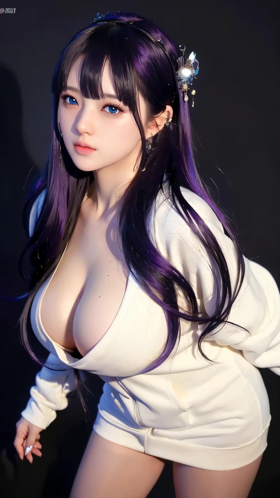 (((完美figure,figure,solo, White and tender skin,(((Cyberpunk, hoodie))),(((shaosiming,hair ornament, purple hair, very long hair, blunt bangs, hair rings,))),((masterpiece)),high resolution, ((Best quality at best)),masterpiece,quality,Best quality,((( Exquisite facial features,Looking at the audience,There is light in the eyes,(((Smile,confidence))),型figure:1.7))),(((Light and shadow,Huge breas((Looking at the camera,black background,Overlooking,from above))))
