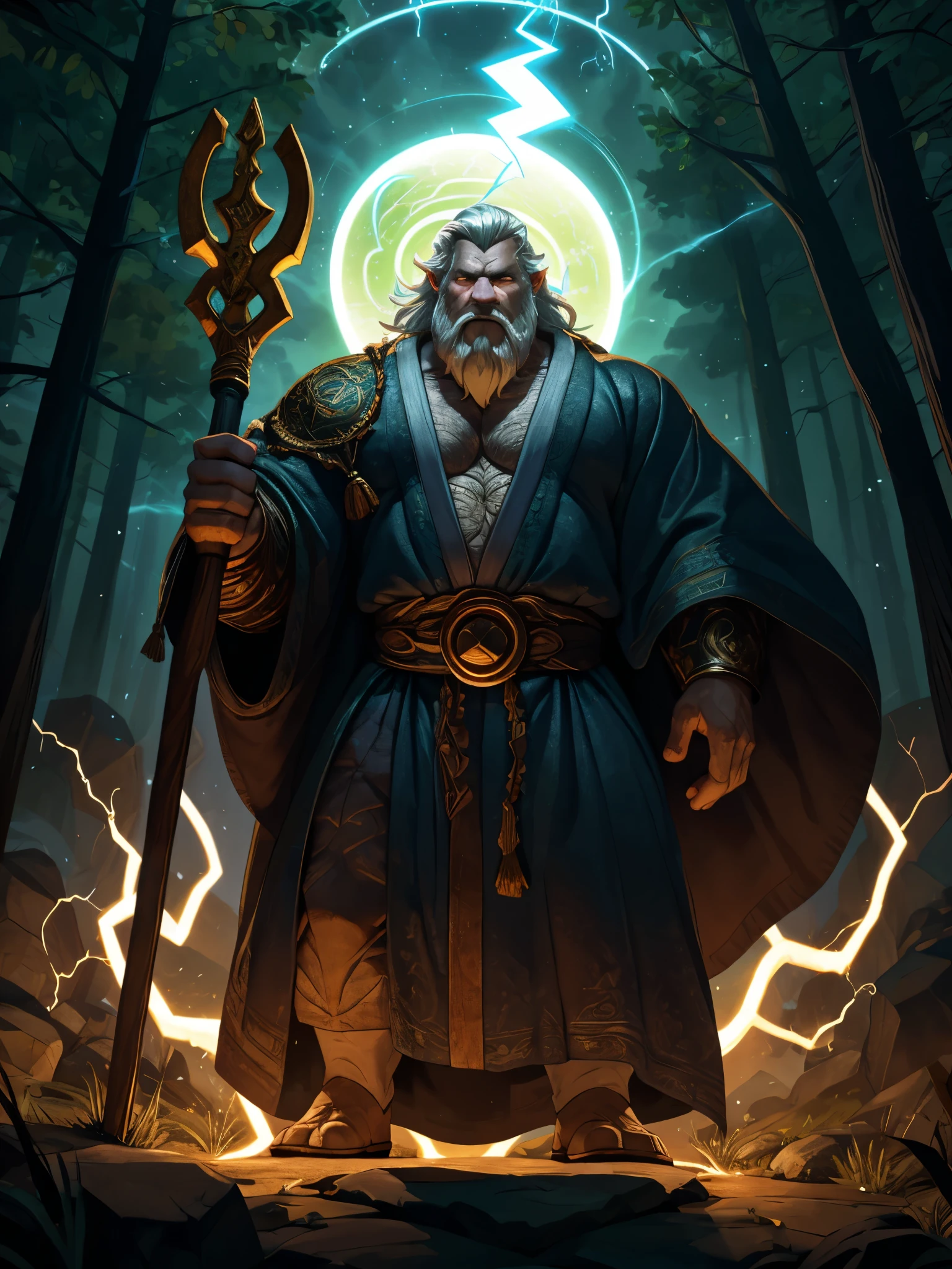 (best quality,realistic:1.37),huge muscular old man wizard,circle magic,casting spell,ancient spells,mysterious aura,detailed robe and staff,white beard and long white hair,wrinkled face,wisdom and power,enchanted forest background,glowing runes and symbols,mystical atmosphere,dark and intense lighting,high contrast,rich colors,majestic and commanding presence,quivering magical energy,stormy clouds and crackling lightning,resplendent and otherworldly