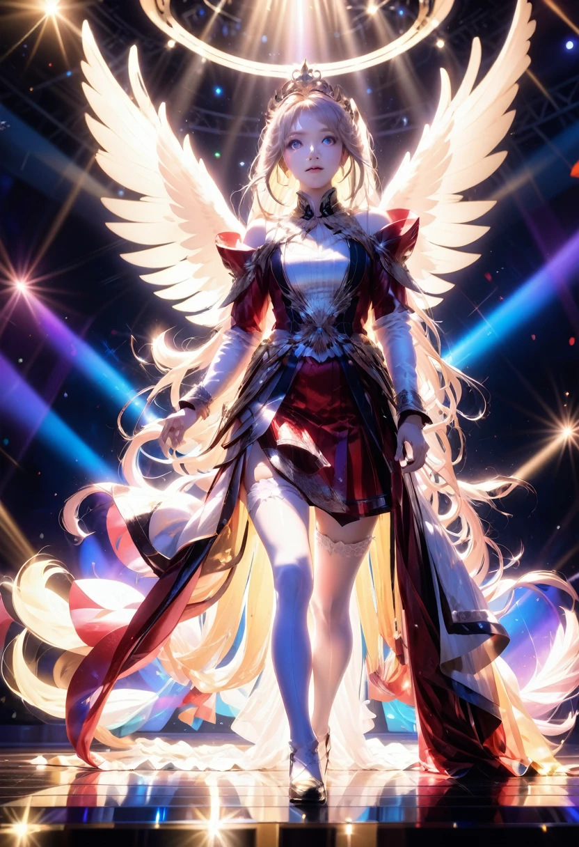 Idol Stage, idol dress, aesthetic, extremely detailed, masterpiece, best quality, Tyndall effect, light beams, stage lights, 1girl, solo, long hair, thighhighs, on stage, looking up, light scattering, volumetric lighting, spotlights, rays, atmosphere, octane render, 8k