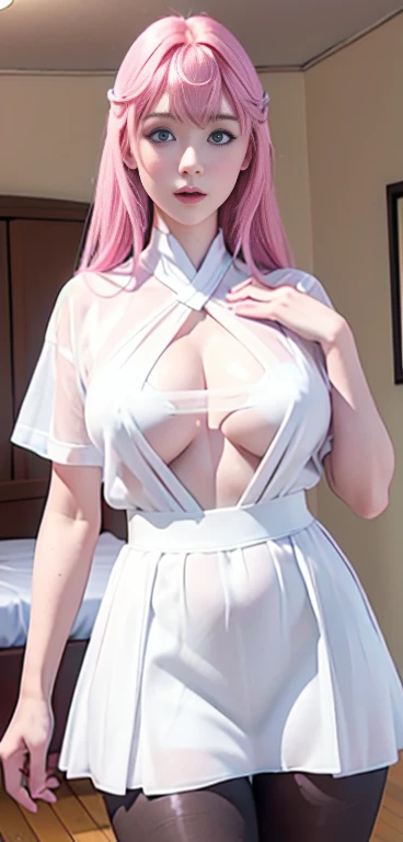 ((Top Quality、16K、masterpiece:1.3))、a tall and beautiful woman、Perfect Figure:1.4、(dream aesthetic) Slim Abs, young natural girl (beautiful) solo, long voluminous pale-pink hair 、messy hairstyle (with hair bangs), turquoise-blue eyes, pale-white skin (highlighted, realistic shading)、natural bust、Highly detailed facial and skin texture、(A detailed eye, Symmetry Eyes, Clear realistic eyes, Double eyelidd、Cold-stricken face、Symmetrical face), very realistic skin, goth makeup, Royal sisters full of fans、The Telegraph Esbian、peach buttocks, white shirt (wet), miniskirt, black tights, cleavage, squart、(Raw foto:1.2)、((Photorealcitic:1.4))Top Quality、masterpiece、Real Photography、very delicate and beautiful.、super detailed CG、Unity、8K photo wallpaper、delicate detail、best qualtiy、Highly detailed CG unity 16k wallpaper、absurderes、Incredibly Absurd、huge file size、extremely highly detailed、Hight Resolution、ighly Details、Beautiful detail girl、extremely beautiful eyes and face, cute eyes look、Facial light、cinematic lightings、(Proportional hips, thick thighs, beautiful legs, realistic pantyhose) 1girll、see -through, inside house (bedroom) 、ulzzang-6500、The Telegraph Esbian, different poses at different angles,