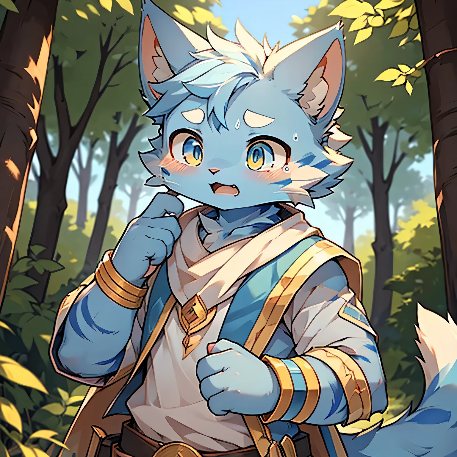 The only person,(Male cats:1.5), (blue skin:1.3), hairy,(Light blue fur:1.3),((Golden pupils)) ,(White ears),(hairy animal ears),Covered with hair,Wear adventurer's clothes,Standing,Behind it is the forest,Delicate face,Delicate eyes,With tears,Perfect sunshine,Face Focus,Crying emoticon,Crying with mouth open