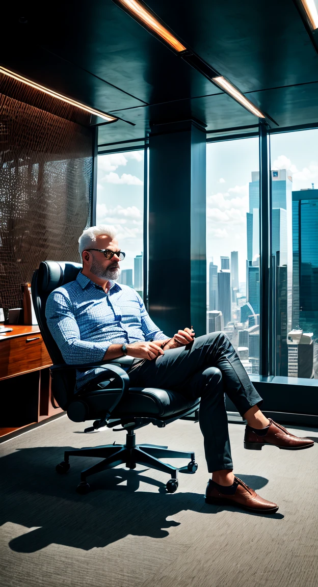 office in a skyscraper in a big city, cyborg man sits in a luxurious chair, holding a cigar in his hand, high quality, absurdity, masterpiece, Beautiful, complex parts, 1/2 body trimmings, Slim body, Beautiful figure, Magnificent Anatomy, (complex parts:1.12), HDR, (complex parts, hyper detail:1.15), (natural skin textures, hyperrealistic, soft light, spicy:1.2)