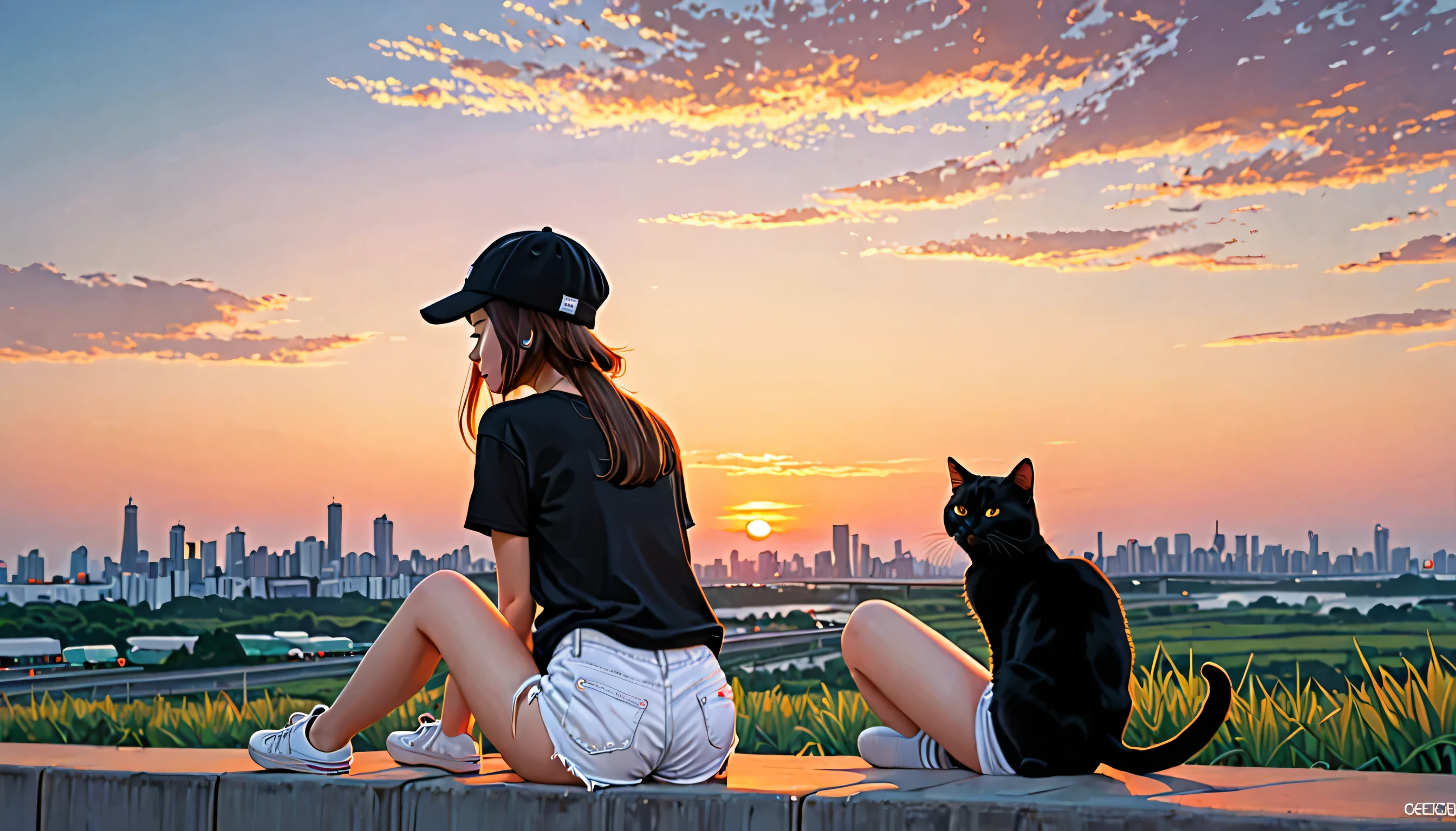 girl, Girl 1 person,He is wearing a black knit cap and a white T-shirt., Expressway,sunset,Short shorts, Big Natural,Black cat sleeping, Very detailed:1.4,8k,(highest quality,masterpiece:1.2),perfection,The best of art,sunset color palette, Retro Style
