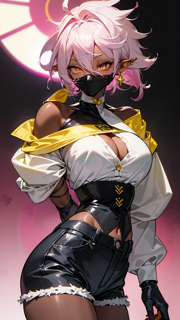 1 woman, adult, ((dark skinned woman, hair over the one eye)), white hair, pink hair, colorful hair, messy hair, yellow eye, glasses, (biggest white shirt, short pants), black tie, cleavage, earring, less light, dynamic pose, hand gesture, (masterpiece), from side, pointy ears, (off shoulder), leather gloves, (mouth mask),