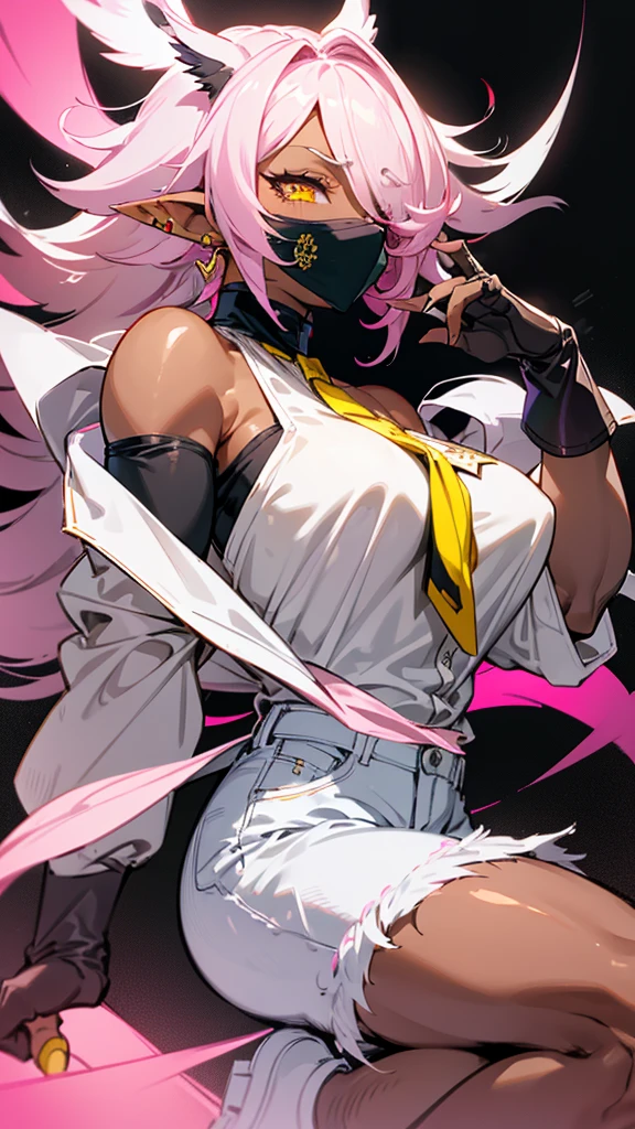 1 woman, adult, ((dark skinned woman, hair over the one eye)), white hair, pink hair, colorful hair, messy hair, yellow eye, glasses, (biggest white shirt, short pants), black tie, cleavage, earring, less light, dynamic pose, hand gesture, (masterpiece), from side, pointy ears, (off shoulder), leather gloves, (mouth mask),