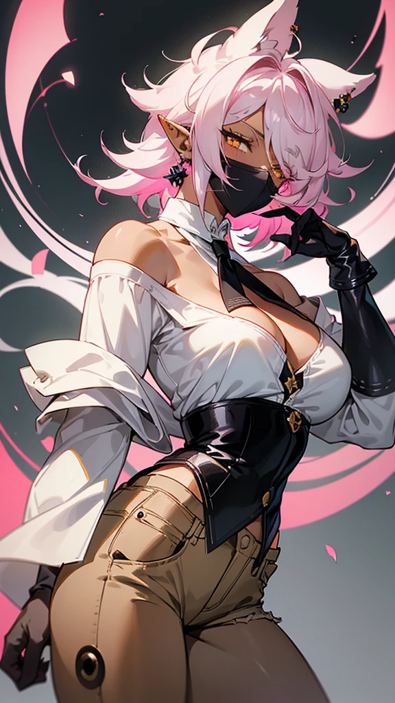 1 woman, adult, ((dark skinned woman, hair over the one eye)), white hair, pink hair, colorful hair, messy hair, yellow eye, glasses, (biggest white shirt, short pants), black tie, cleavage, earring, less light, dynamic pose, hand gesture, (masterpiece), from side, pointy ears, (off shoulder), leather gloves, (mouth mask),