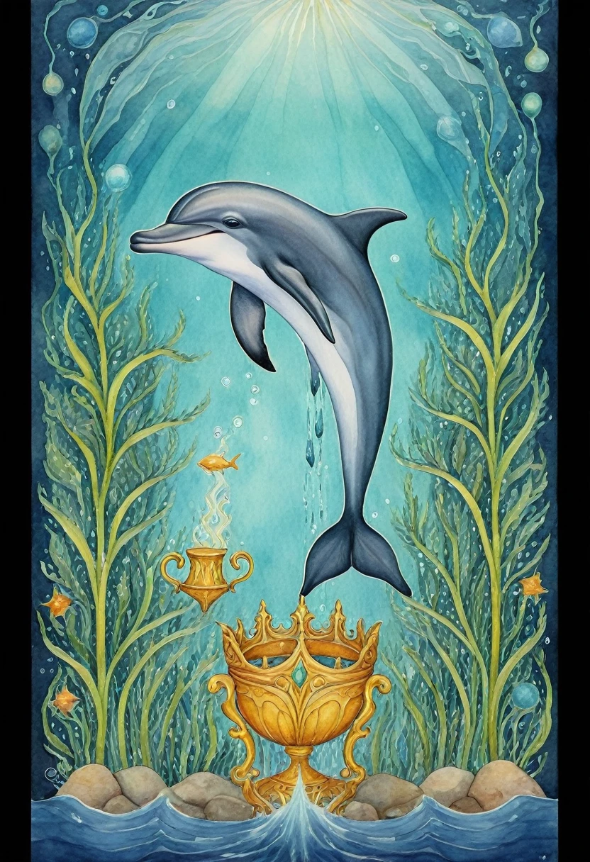 (detailed dolphins,best quality:1.2),watercolor painting,naive art,underwater scene,framed artwork,water elements,king of cups tarot card,king of dolphin,powerful look