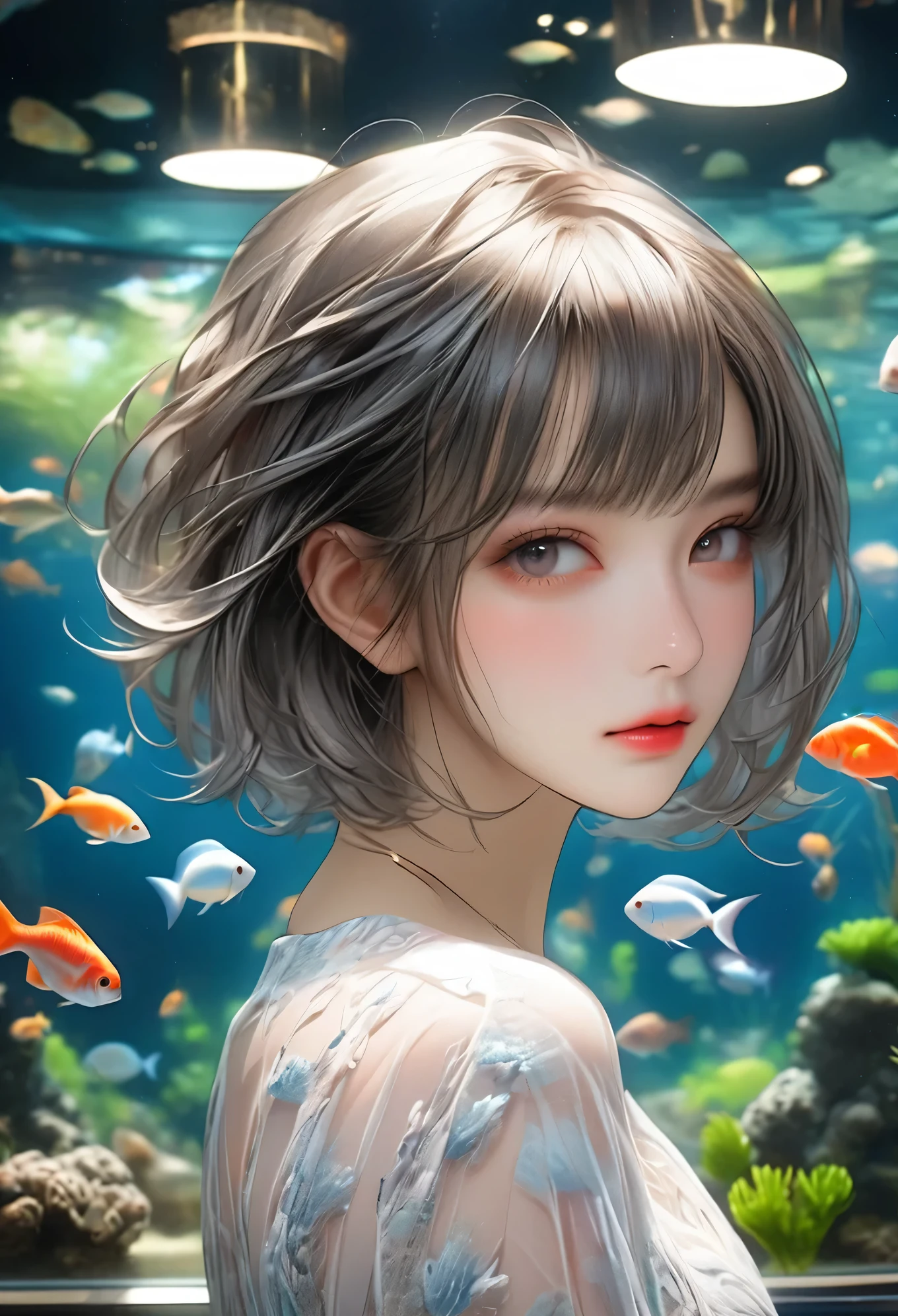 masterpiece, highest quality, 16k, unbelievably absurd, very detailed, perfect beauty, beautiful cute girl, in a beautiful pose, modern sauvage bob hair, through bangs, row photo, portrait, aquarium