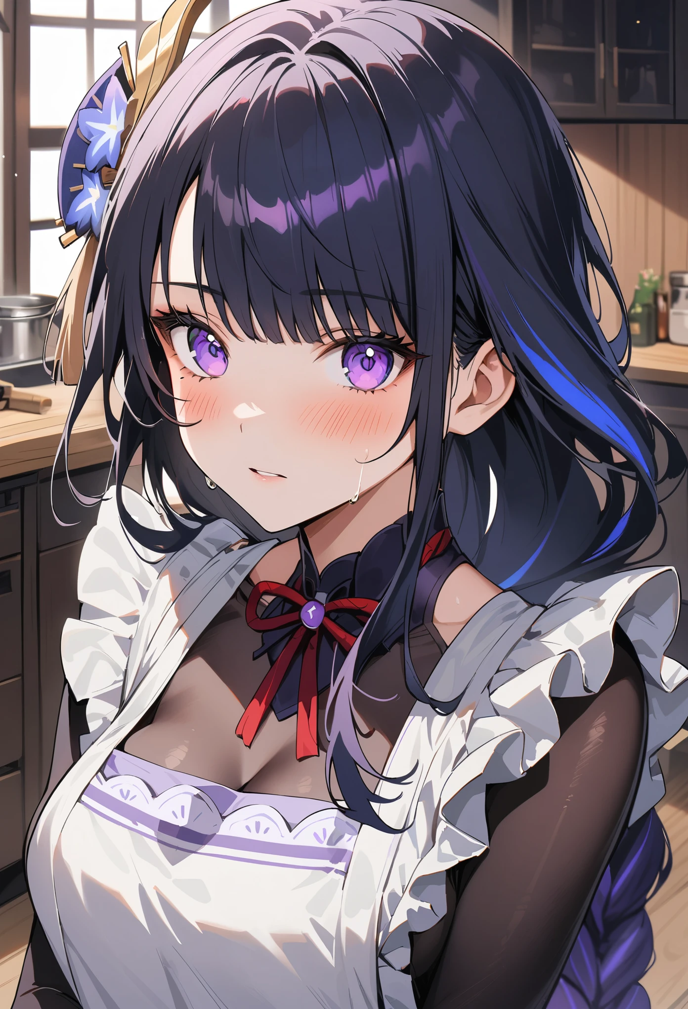 UHD, ccurate, masterpiece, anatomically correct, textured skin, super detail, best quality, 16k, 1080P,SOLO,(1 Female,perfect body,big oppai),(purple long hair with long single braid),(wearing A apron:1.7),(sweating skin:1.7),(Wearing black Silk Stockings:1.7),(Open pose:1.7),(Full blush:1.7),(In Japanes kitchen:1.9)(Genshin Impact/Raiden Shogun),[detail face]