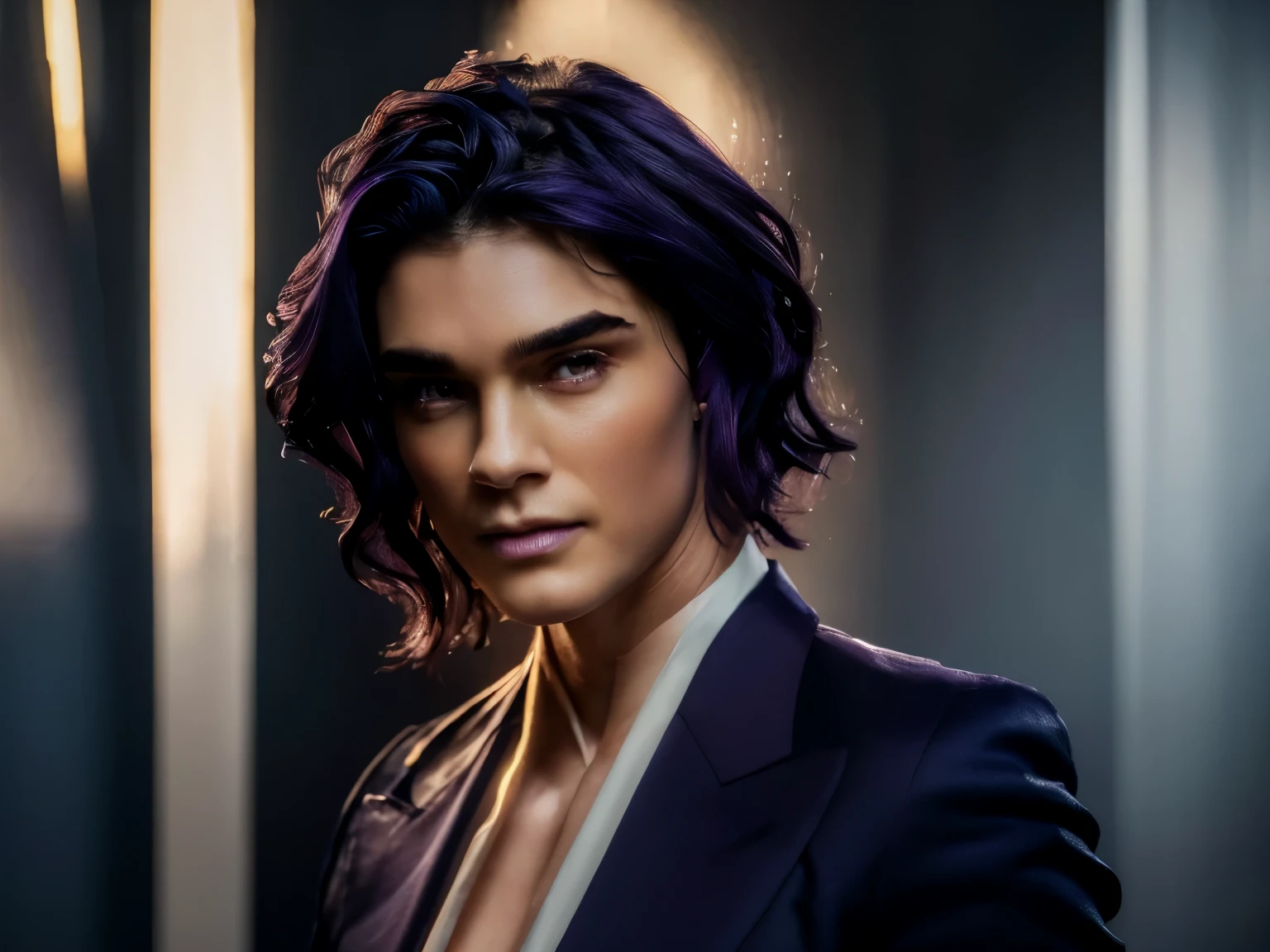 (high resolution:1.3), (8k, photorealistic, RAW photo, best quality: 1.4), Dr. Ratio (Honkai: Star Rail) , handsome Male face, (realistic masculine face), (dark purple hair, short wavy hair:1.3), beautiful hairstyle, realistic eyes, beautiful detailed eyes (gold), (realistic skin), beautiful skin, attractive, ultra high res, ultra realistic, highly detailed, golden ratio, outdoors, windy, from below, dark blue blazer (suit)