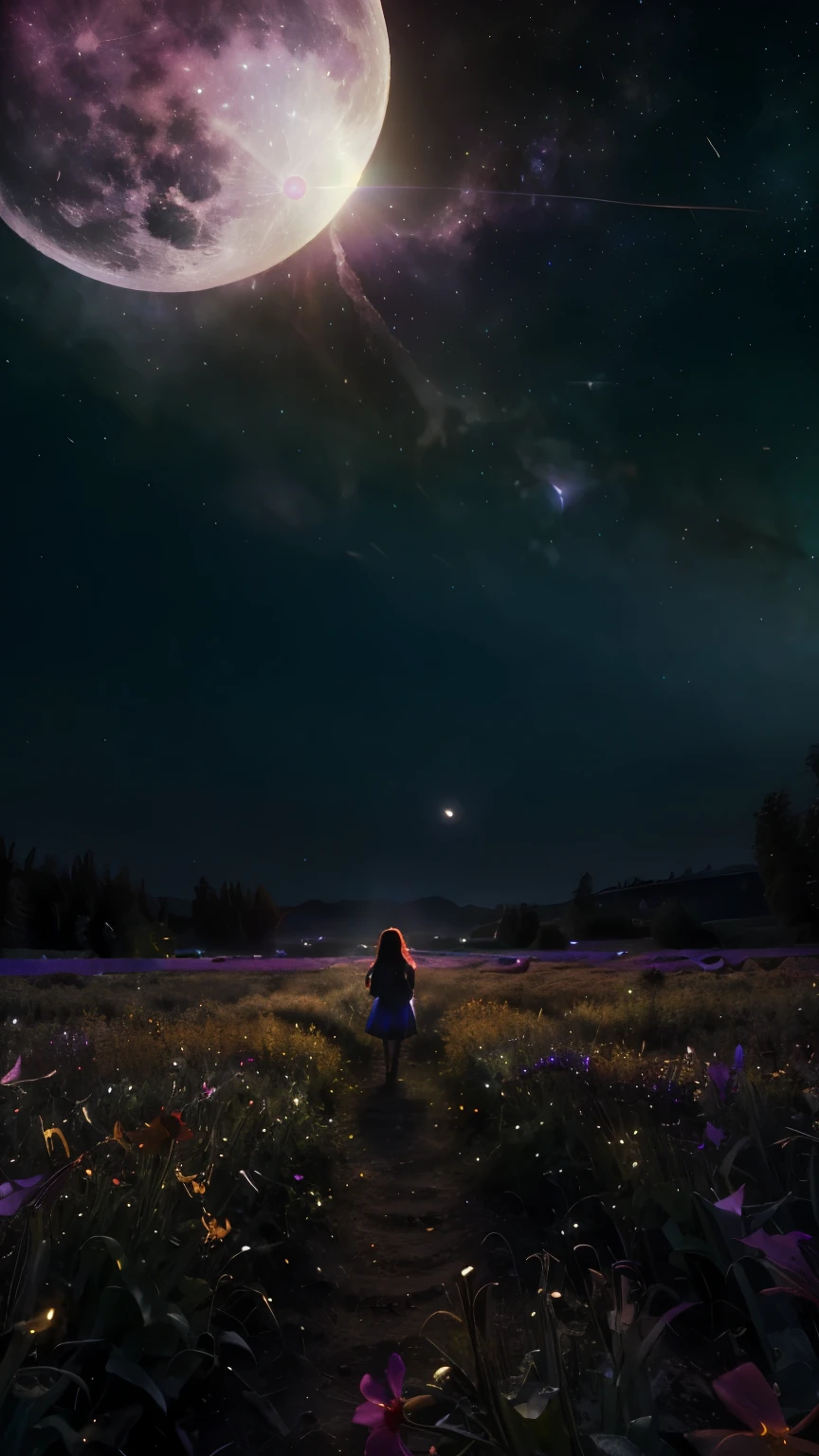 expansive landscape photograph, (a view from below that shows sky above and open field below), a girl standing on flower field looking up, (full moon:1.2), ( shooting stars:0.9), (nebula:1.3), distant mountain, tree BREAK, production art, (warm light source:1.2), (Firefly:1.2), lamp, lot of purple and orange, intricate details, volumetric lighting, realism BREAK, ultra-detailed, (dynamic composition:1.4), highly detailed, colorful details, ( iridescent colors:1.2), (glowing lighting, atmospheric lighting), dreamy, magical, (solo:1.2), (masterpiece:1.2), (best quality), 4k, 8k
