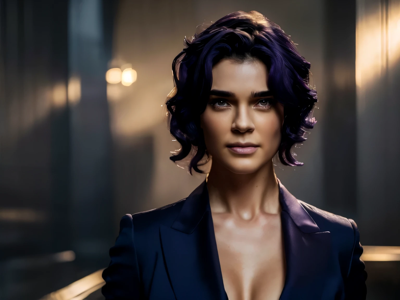 (high resolution:1.3), (8k, photorealistic, RAW photo, best quality: 1.4), Dr. Ratio (Honkai: Star Rail) , handsome Male face, (realistic masculine face), (dark purple hair, short wavy hair:1.3), beautiful hairstyle, realistic eyes, beautiful detailed eyes (gold), (realistic skin), beautiful skin, attractive, ultra high res, ultra realistic, highly detailed, golden ratio, outdoors, windy, from below, dark blue blazer (suit)