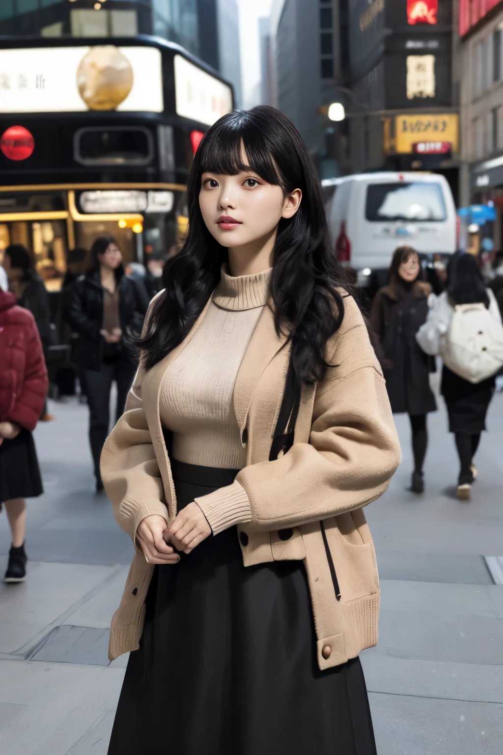 Masterpiece、highest quality、Woman 1、Super detailed　Black Hair、Long Hair、Curly Hair、Blunt Bangs　Beige knit、Short length jacket、Long skirt　Large Breasts　Right in the middle of the city、A crowded city