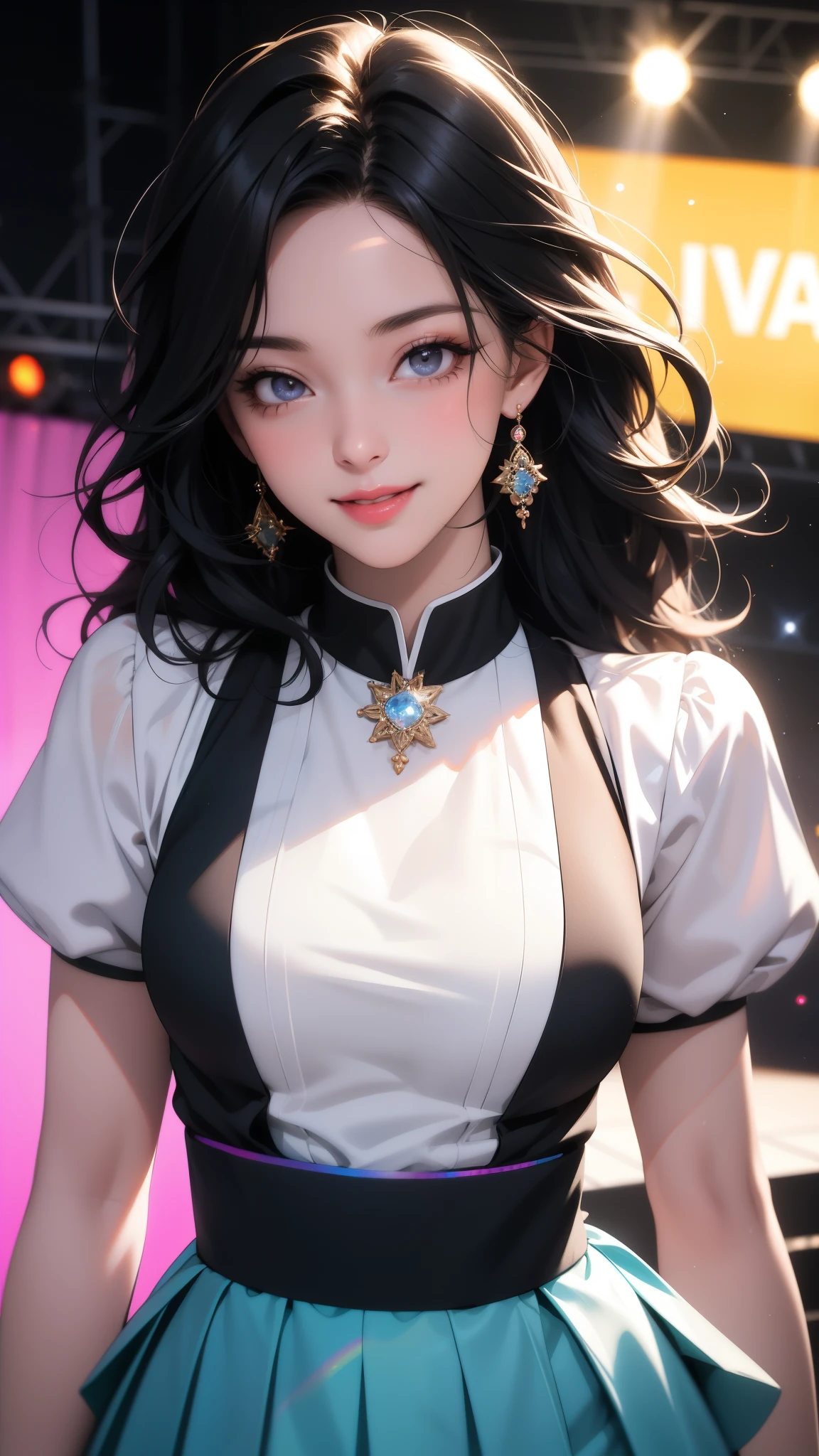 (best quality, 8k, Highers, masterpiece), ultra-detailed, realistic, beautiful detailed eyes, beautiful detailed lips, extremely detailed eyes and face,longeyelashes,1girl,body movements, graceful gestures, colorful stage lights, sparkling costume, cute costume, pleated skirt, energetic and dynamic, exciting atmosphere, bright and vivid colors, dancing rhythm, applauding audience, idol, adorable, famous, enthusiastic fans, synchronized dance, entertainment industry,stage performance,lively music,perfect choreography, lively rhythm,professional,photorealistic,portrait,photography,vibrant stage,set design,high energy performance,smiling face,wavy hair,spotlights,cheerful expressions, Depth of field, wallpaper, high contrast, intricate details, volumetric lighting, (dynamic composition:1.0), highly detailed, colorful details, (iridescent colors), (glowing lighting, atmospheric lighting), dreamy, magical, (solo), lens flare, (colorful:1.2), Cinematic light, high-res, sharp focus, smooth, colorful light, particles, rainbow colors schemes,