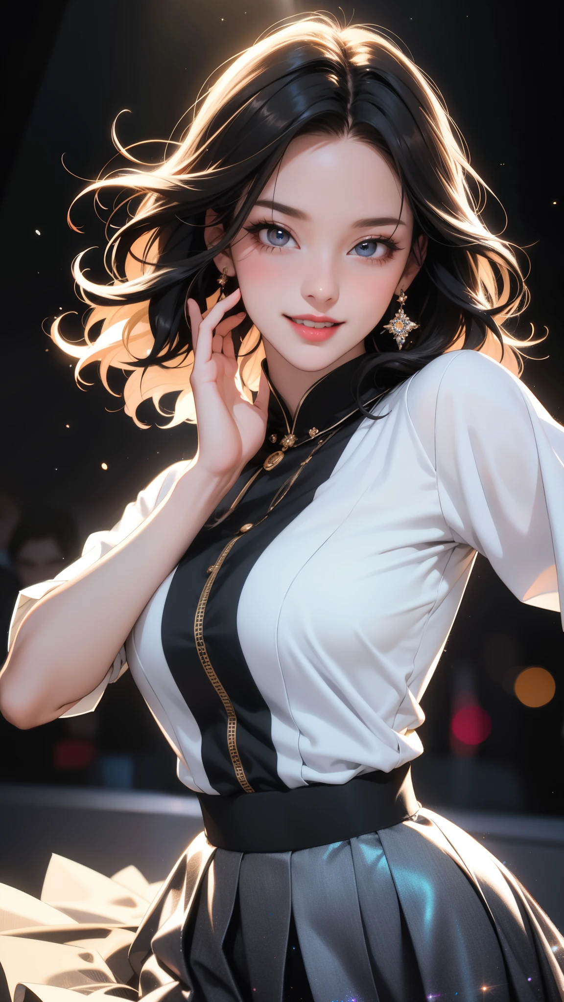 (best quality, 8k, Highers, masterpiece), ultra-detailed, realistic, beautiful detailed eyes, beautiful detailed lips, extremely detailed eyes and face,longeyelashes,1girl,body movements, graceful gestures, colorful stage lights, sparkling costume, cute costume, pleated skirt, energetic and dynamic, exciting atmosphere, bright and vivid colors, dancing rhythm, applauding audience, idol, adorable, famous, enthusiastic fans, synchronized dance, entertainment industry,stage performance,lively music,perfect choreography, lively rhythm,professional,photorealistic,portrait,photography,vibrant stage,set design,high energy performance,smiling face,wavy hair,spotlights,cheerful expressions, Depth of field, wallpaper, high contrast, intricate details, volumetric lighting, (dynamic composition:1.0), highly detailed, colorful details, (iridescent colors), (glowing lighting, atmospheric lighting), dreamy, magical, (solo), lens flare, (colorful:1.2), Cinematic light, high-res, sharp focus, smooth, colorful light, particles, rainbow colors schemes,