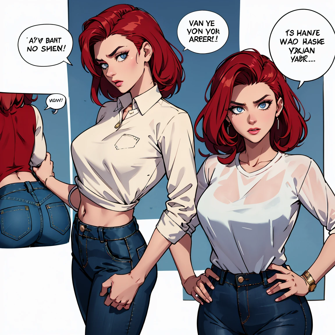 Mulher ruiva com seios grandes, rabo de cavalo, camisa vermelha, denim trousers, casual scenario she is leaning on something, a speech balloon, perfect eyes, perfect hands