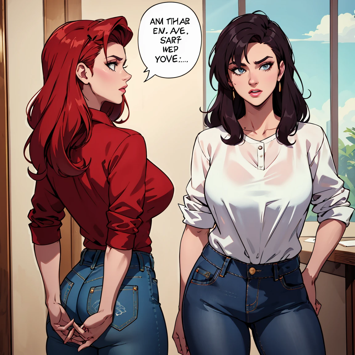 Mulher ruiva com seios grandes, rabo de cavalo, camisa vermelha, denim trousers, casual scenario she is leaning on something, a speech balloon, perfect eyes, perfect hands