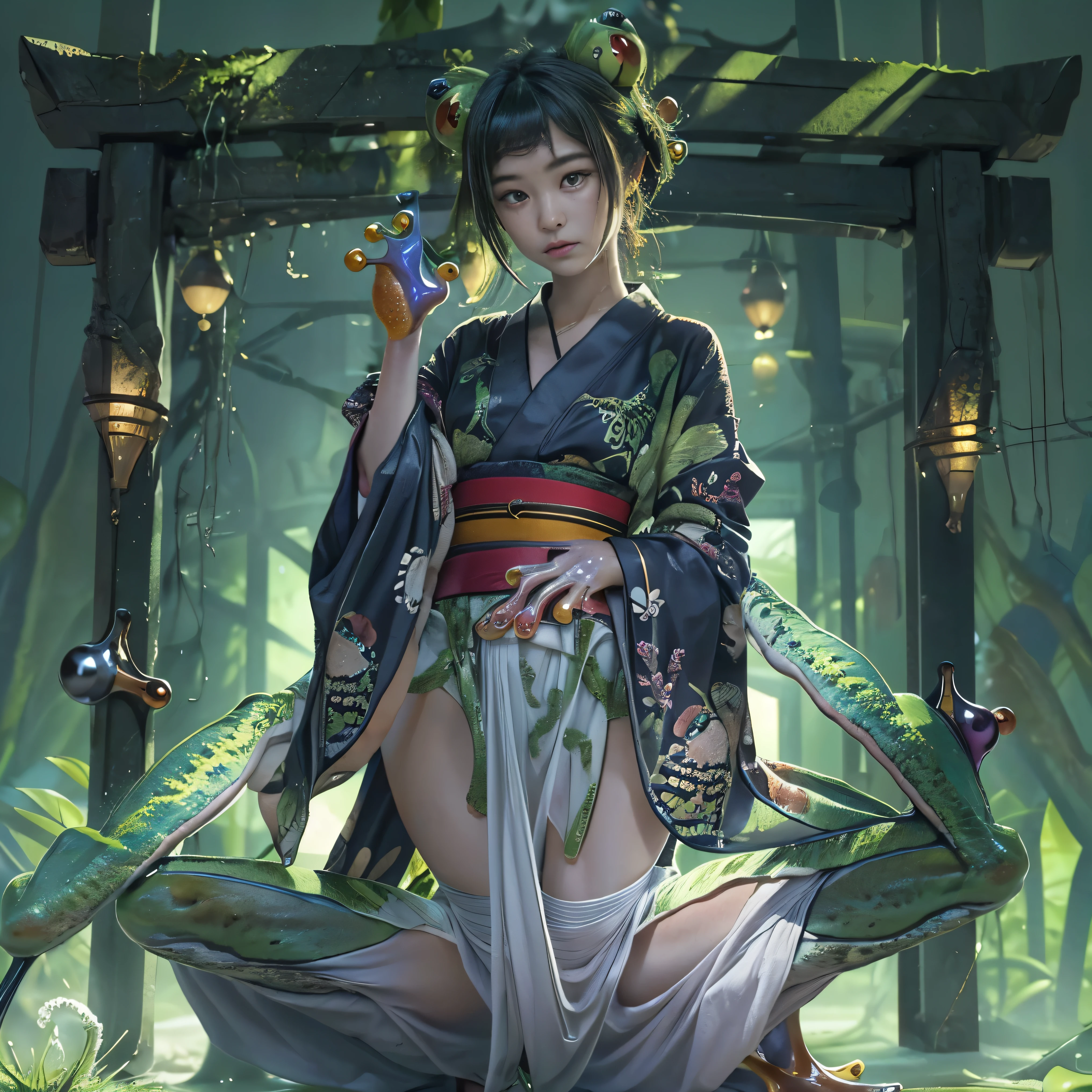 (highest quality、4k、8k、High resolution、masterpiece: 1.2)、Super detailed、(Real、Photorealistic、Photorealistic: 1.37)、Full Body Portrait、media: Fantasy、Horror、Dark Fantasy、Creatures、Hybrid Creatures、(Anatomically correct fingers: 1.4 )、The upper body of a transcendentally beautiful young woman((A hybrid creature with the lower body of a frog: 1.5))、(Squats with legs open:1.5)、Visualization of mythical creatures、yukata、Dark atmosphere、Dim color、Spooky lighting