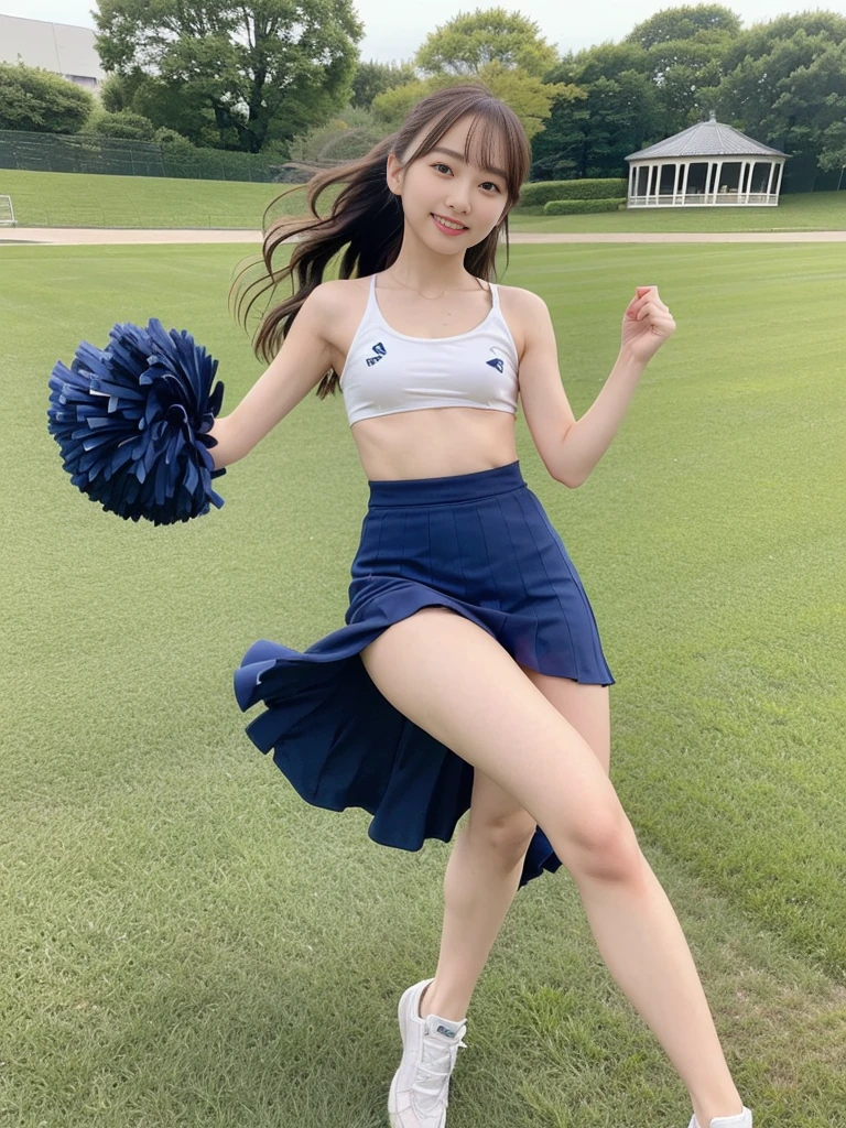 (masterpiece, highest quality:1.4), Award-winning portraits, 8k, 85mm, alone, Beautiful Face, Delicate girl,  (Cheerleader、On the grass), Sophisticated, cute, , RAW Photos, Confused, High resolution, Sharp focus, Background Blur、(((flat  、thin and delicate body、Childish atmosphere)))、shiny semi-long hair、ponytail、Mole on the left cheek、 Dark blue eyes、High Kick、the skirt is swaying in the wind、Hair swaying in the wind、sexy、flexible legs