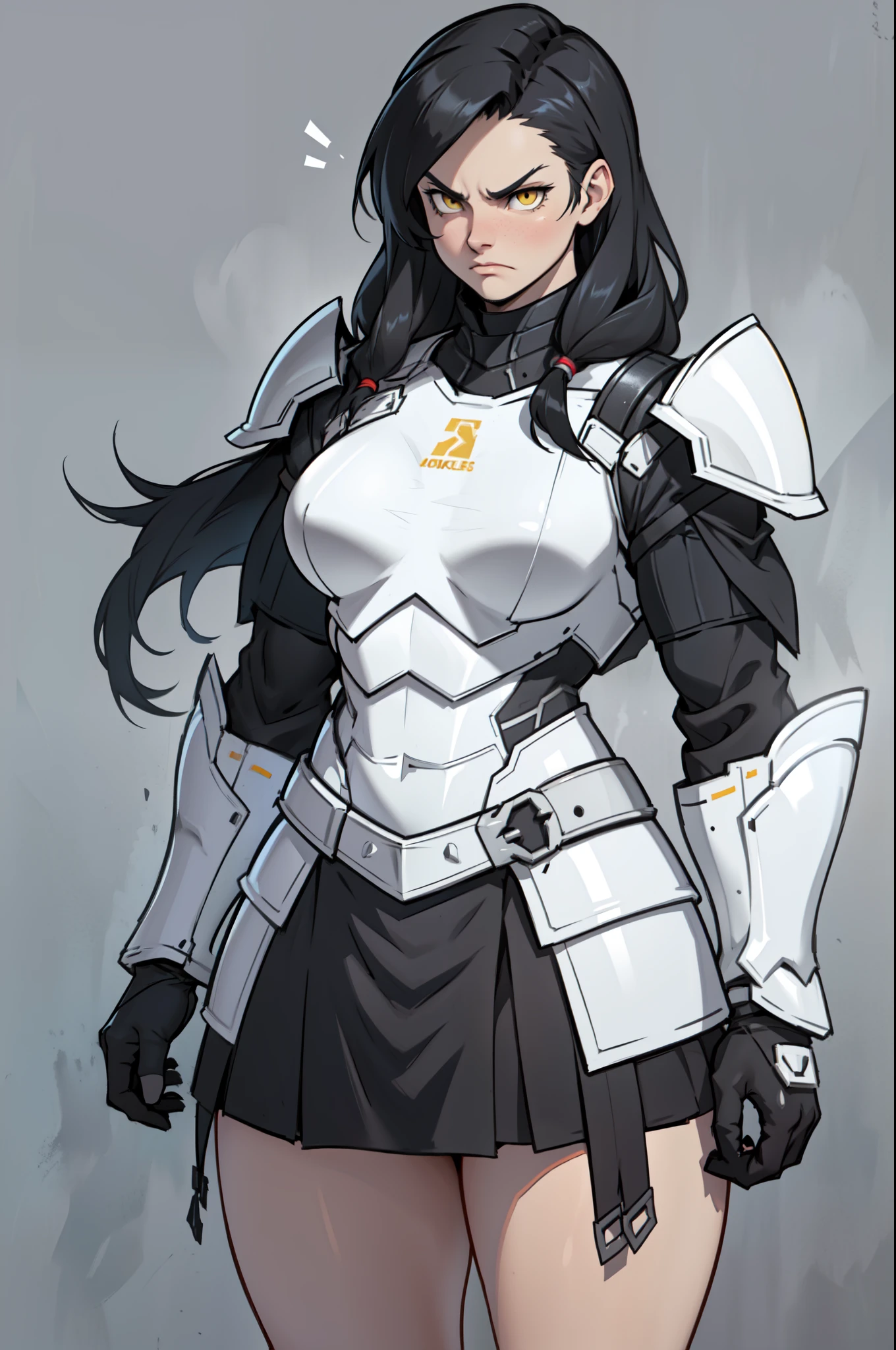 grey background (((muscular))), (thick thighs, small breasts, toned body, 1 girl), black hair, pale skin, yellow eyes, angry, very long hair armor armor armor armor armor armor armor armor armor armor armor armor armor armor armor armor armor armor armor armor armor armor armor armor armor armor armor armor armor armor armor armor armor armor armor armor armor armor skirt