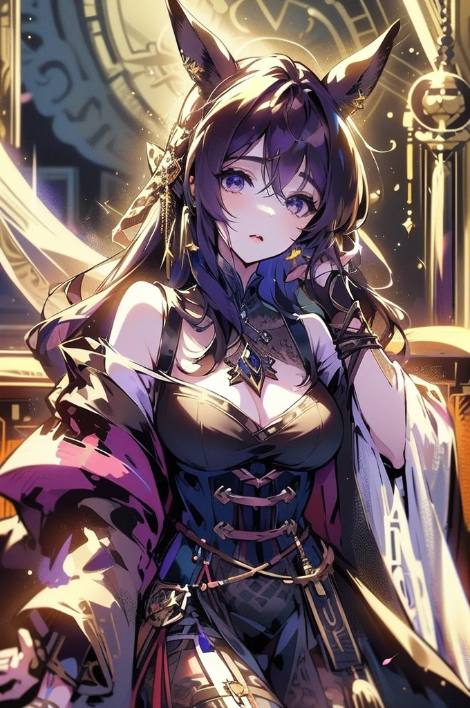 Generate hyper realistic image of a playful woman with bunny ears and an hourglass body, sitting at a table outdoors. Her long, purple hair is adorned with fake animal ears, and her parted bangs frame her face delicately. Dressed in a yellow off-shoulder shirt and a black miniskirt, her earrings glinting in the daylight.