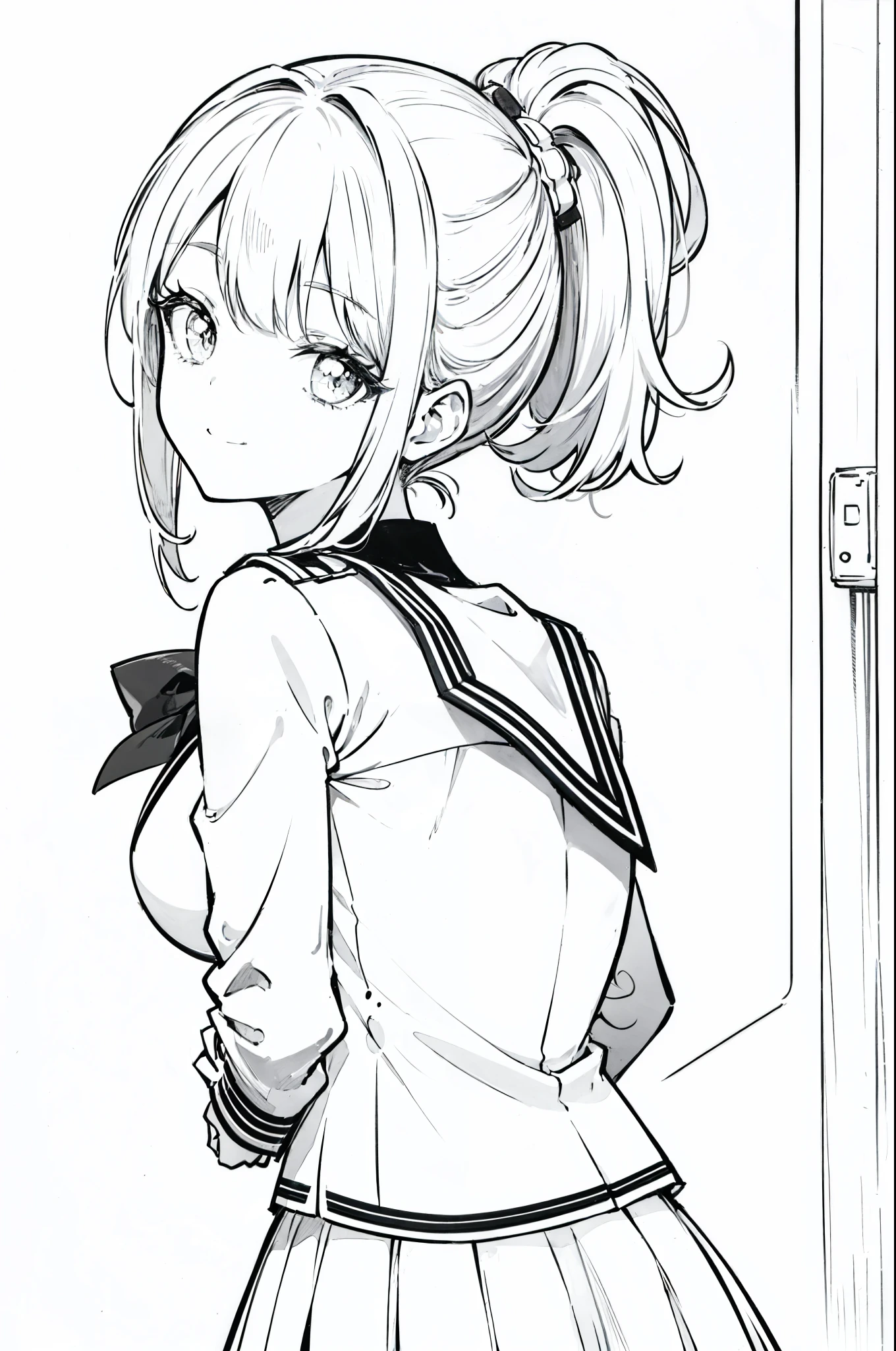 Black and white line art style,High ponytail on the left,Back Angle,Turn back,smile、uniform、high school girl,solo、one person、(Simple Background)