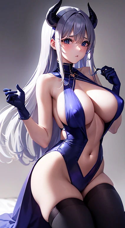 Laquadia, Blue Lips,Big Breasts,jewelry,Gray Hair、Long Hair、High resolution、high quality、Long gloves、Blue swimsuit、青いLong gloves、超High resolution, (Film Grain: 1.4)、very, very big breasts、Troubled face、Nipple Pochi、horn、Erect nipples、Breast milk、Succubus、Small devil