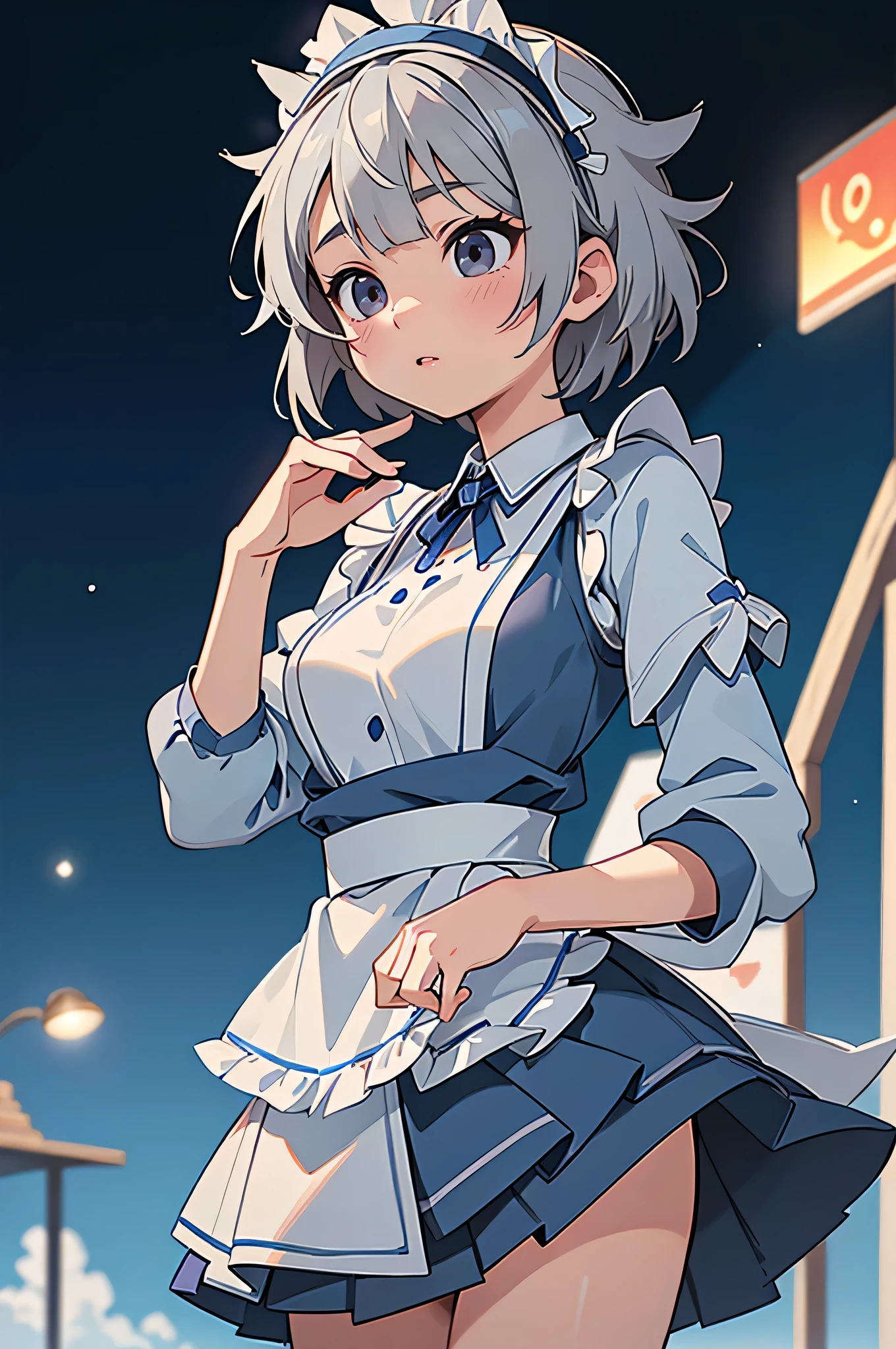 ((16 Nights Sakiya)), ((Oriental Project)), Cosplay, 20-year-old woman, (((Gray Hair)), ((Medium Spiky Hair)), ((Blue maid outfit)), ((White blouse)), Center of chest, (Light)))), (Pause))), (Photorealistic photography: 1.3), rim Lighting, (Skin with attention to detail:1.2), 8k UHD, Digital SLR, high quality, High resolution, 4K, 8k, Bokeh, Disorganized, The optimal ratio is four fingers to one thumb, (Genuine:1.3), The cutest girl 1, Lots of knives