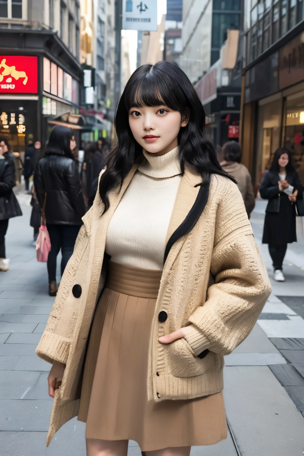 Masterpiece、highest quality、Woman 1、Super detailed　Black Hair、Long Hair、Curly Hair、Blunt Bangs　Beige knit、Short length jacket、Long skirt　Right in the middle of the city、A crowded city