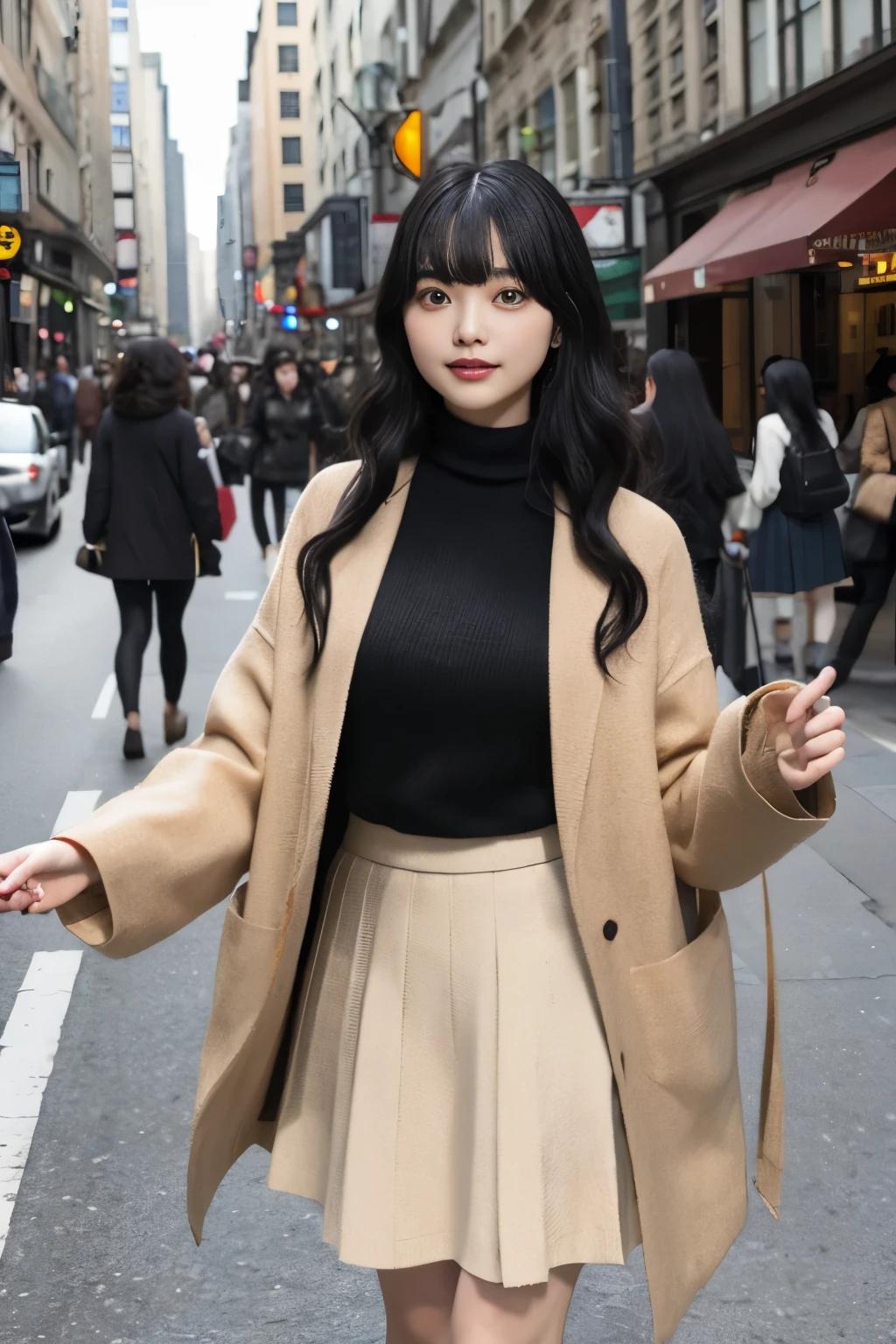 Masterpiece、highest quality、Woman 1、Super detailed　Black Hair、Long Hair、Curly Hair、Blunt Bangs　Beige knit、Short length jacket、Long skirt　Right in the middle of the city、A crowded city