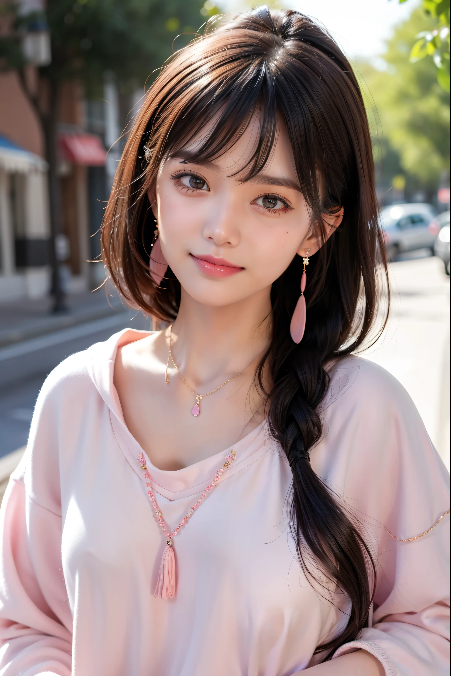 girl，Happy expression， Shawl hair，earring，necklace，Pink sweatshirt