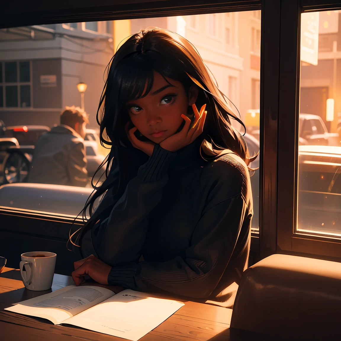 ((masterpiece, best quality, ultra detailed, ultra high res)), ((night)), (distant), chiaroscuro, coffee, indoors, solo focus, pov, (through the window), (armrest), 1 girl,(dark skin), ebony skin, ebony nose, full lips, facing away, black hair, long hair, distracted, sitting, fuzzy sweater shirt, (looking away), streetspace, neon lights, particles, luminous dark brown eyes,