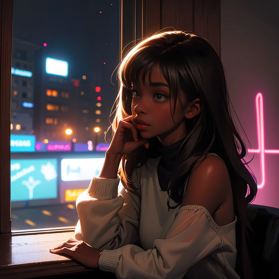 ((masterpiece, best quality, ultra detailed, ultra high res)), ((night)), (distant), chiaroscuro, coffee, indoors, solo focus, pov, (through the window), (armrest), 1 girl,(dark skin), ebony skin, ebony nose, full lips, facing away, black hair, long hair, distracted, sitting, fuzzy sweater shirt, (looking away), streetspace, neon lights, particles, luminous dark brown eyes,