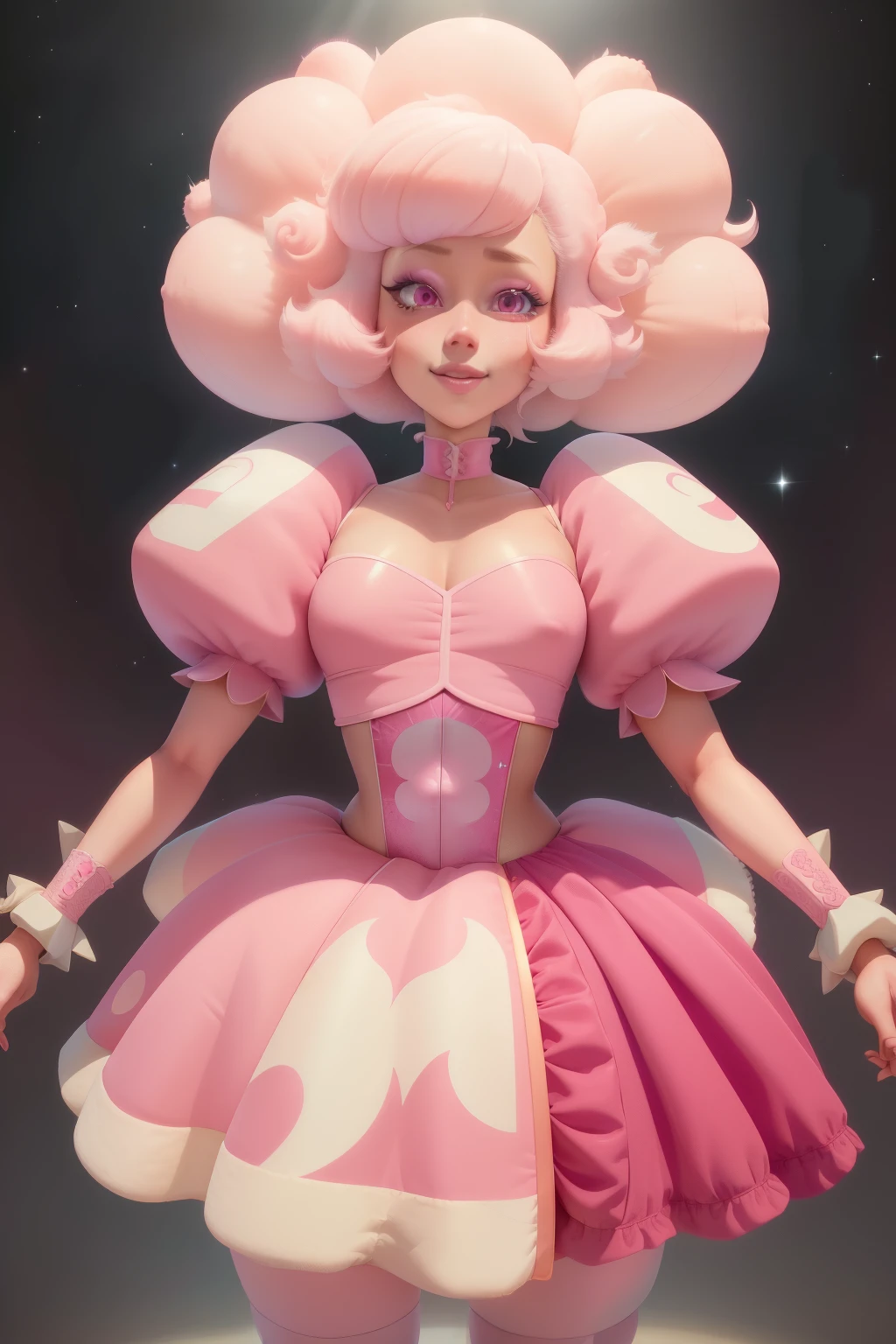 pnkdamond, pink hair, pink eyes, big hair, stomach gem, pink skin, toned,
puffy short sleeves, elbow gloves , white thighhighs, puffy dress,
standing, upper body,
outerspace,
(insanely detailed, beautiful detailed face,beautiful detailed eyes, masterpiece, best quality) cinematic lighting, smile,