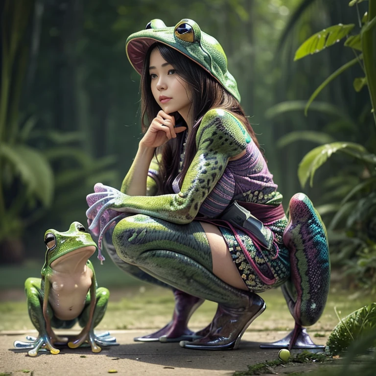 (highest quality、4k、8k、High resolution、masterpiece: 1.2)、Super detailed、(Real、Photorealistic、Photorealistic: 1.37)、Full Body Portrait、media: Fantasy、Horror、ダーク Fantasy、Creatures、ハイブリッド Creatures、(Anatomically correct fingers: 1.4 )、The upper body of a transcendentally beautiful young woman((A hybrid creature with the lower body of a frog: 1.5))、(Squats with legs open:1.5)、Visualization of mythical creatures、yukata、Dark atmosphere、Dim color、Spooky lighting