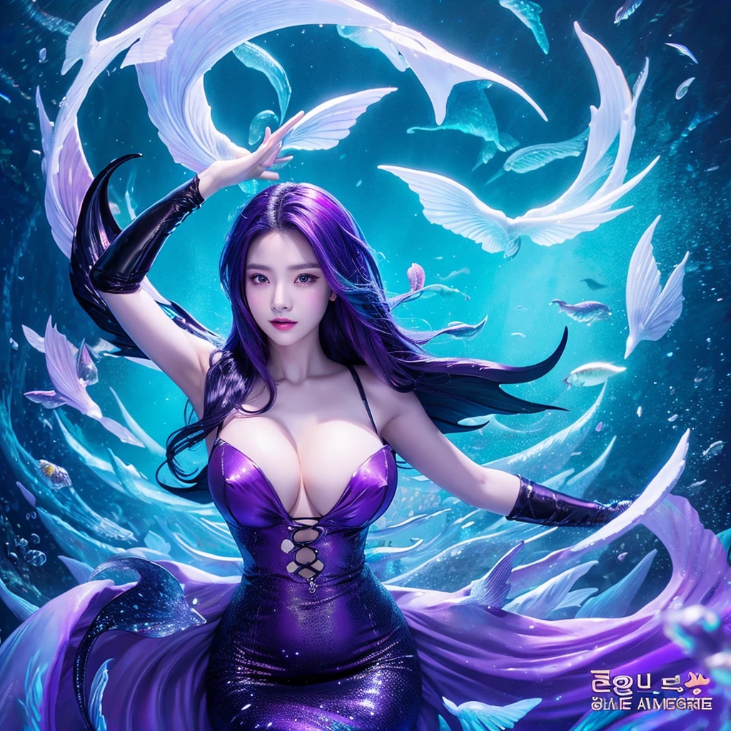 Big breasts, mermaid with wings, black-purple hair, black-purple dress, black-purple wings, black-purple mermaid tail, Korean, Thai 