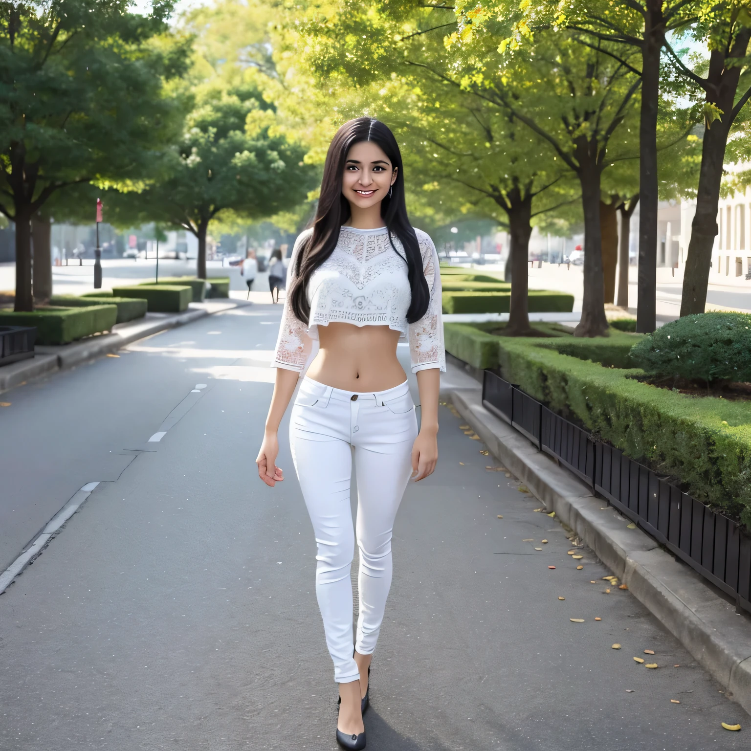 Mature years old white mixed Indian girl, happy face, cute detail face 4K wallpaper, ultra high quality photography, full body view, prefect body, blue eyes, 1m65, 45kg, full body shot, small breast, wearing skinny tight jeans, skinny, slim waist, wide hip, flat abdomen, model, straight black long hair, walking on mall